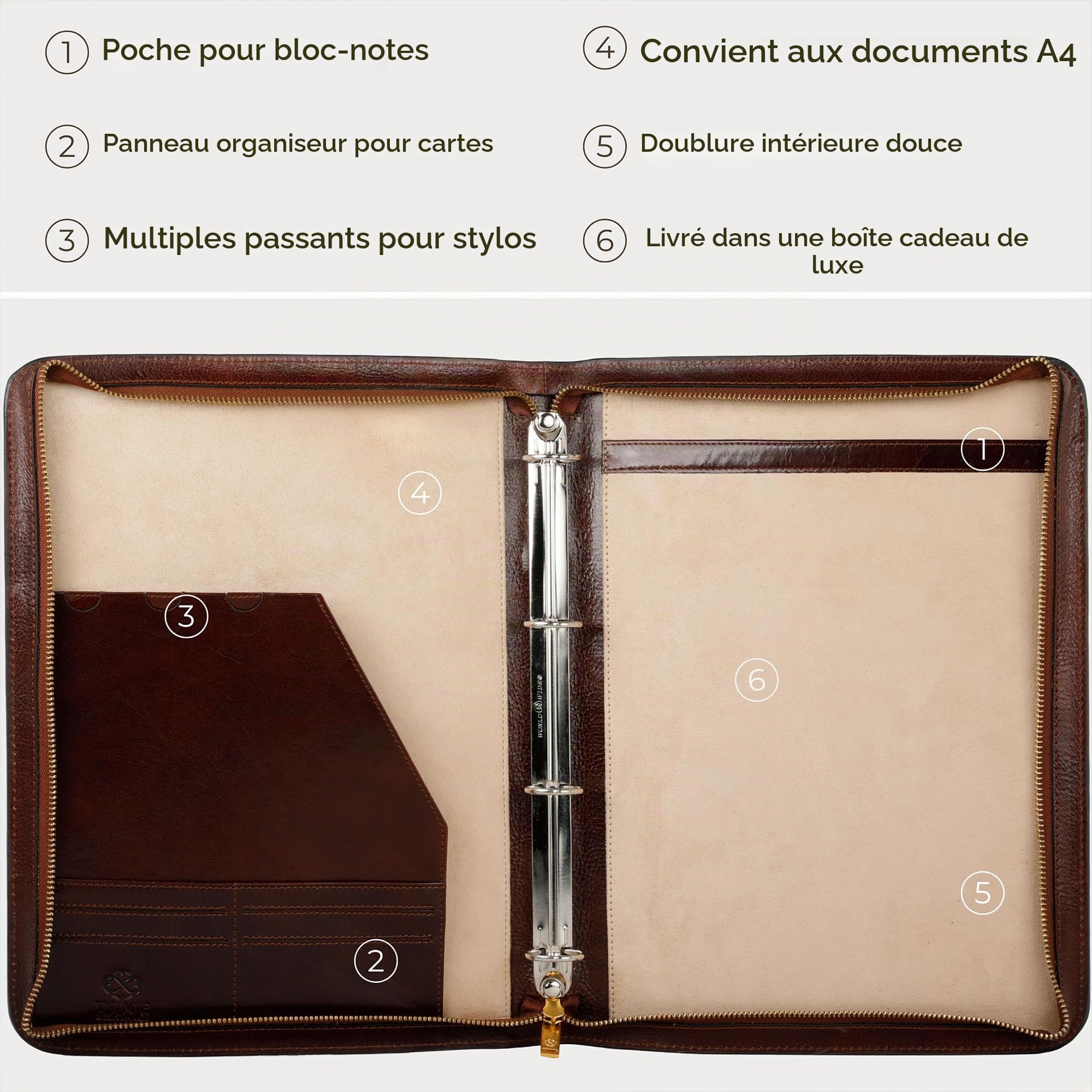 Time Resistance Portefeuille en Cuir – Sac à Documents avec Poignée de Transport – Étui de Taille Tablette