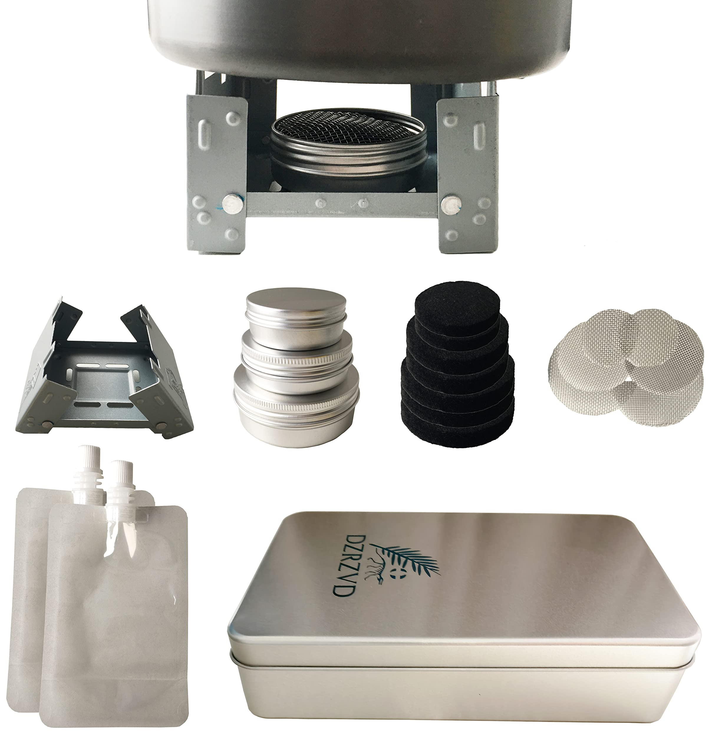 DZRZVD New Mini Alcohol Backpacking Stove, Lightweight Spirit Burner with Aluminium Boxes/Carbon Fiber Cotton/Stainless Steel Wire Mesh Alcohol Carry Bag for Camping Hiking and Picnic : Buy Online at Best Price in