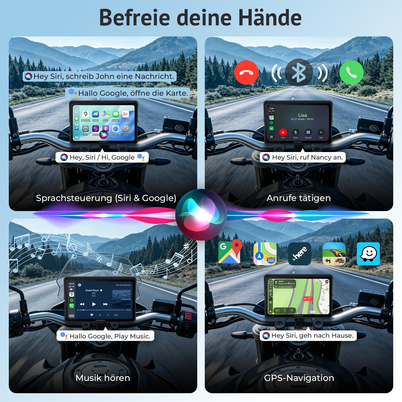 Motorrad Carplay Display 7 Zoll Wasserdichter Touchscreen, Reifendruckkontrollsystem (TPMS), Kabelloses CarPlay und Android Auto für Motorrad, Dual Bluetooth, GPS-Navigation