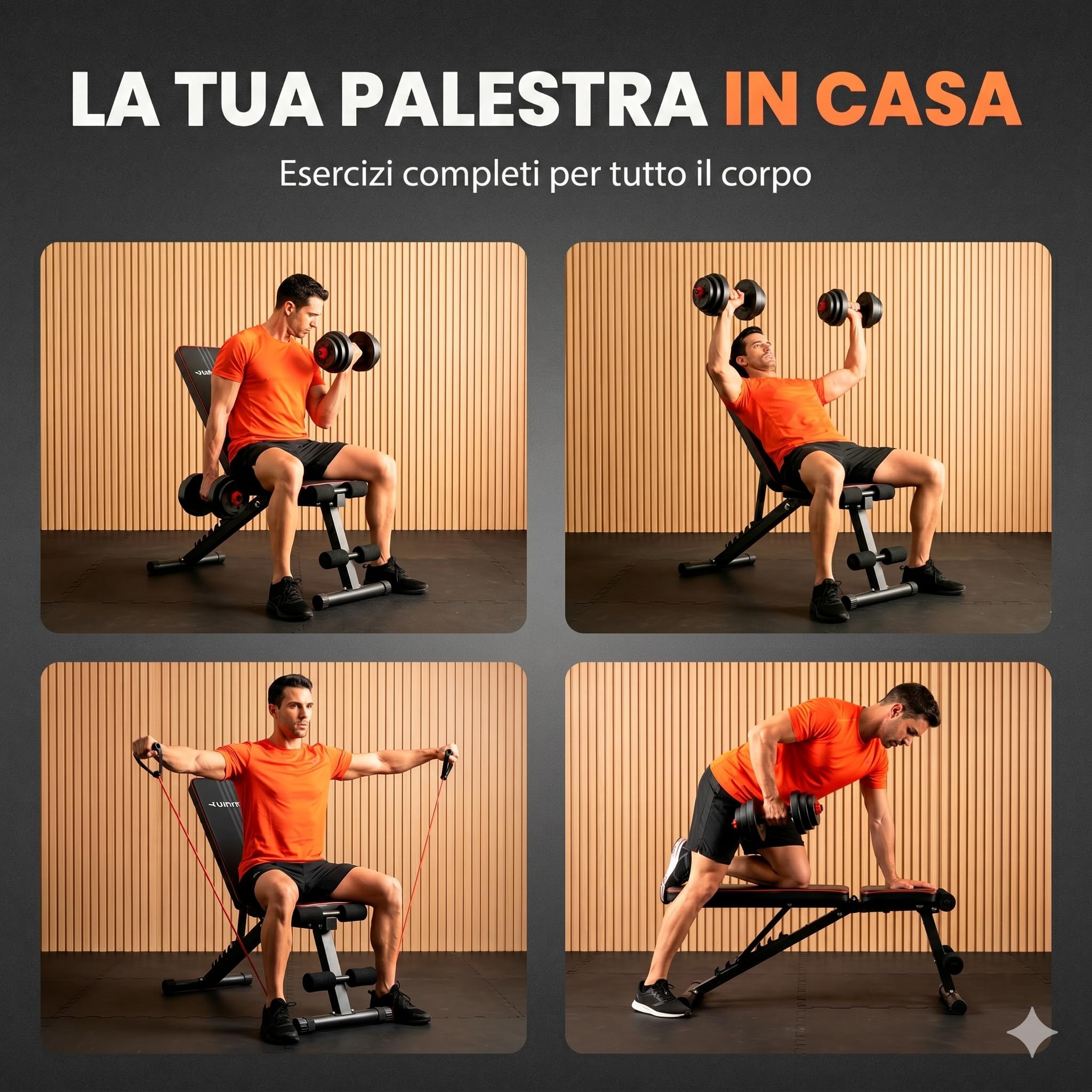 JUPPLIES Panca Pesi Pieghevole Multifunzionale 7 Posizioni | Inclinabile fino a 90° | Capacità 250kg | 2 Fasce Elastiche Incluse | Panca Palestra Casa + Tappeto Puzzle 36 Pezzi