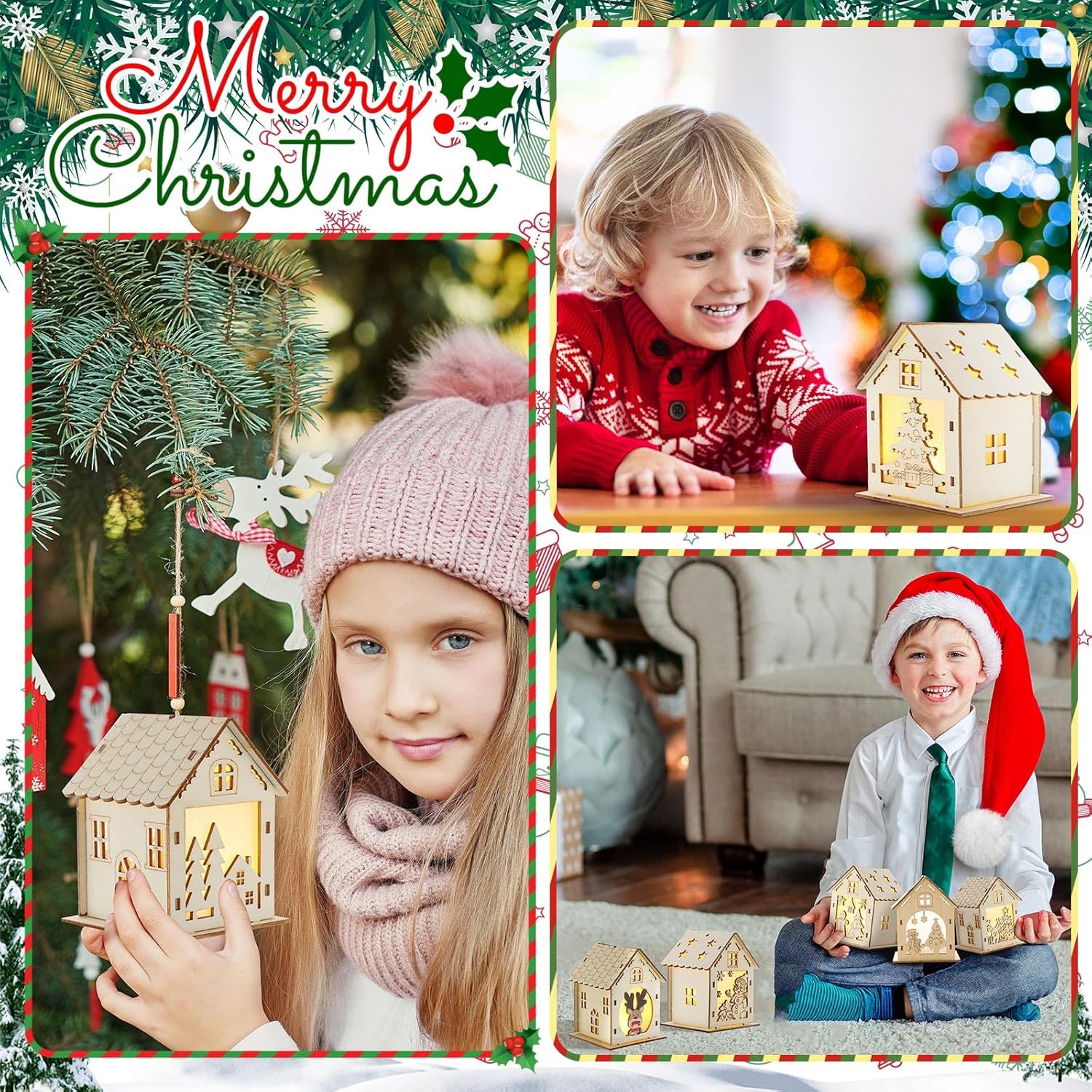 Qunclay 18 Pcs LED Christmas Wooden Craft House for Kids Paint Your Own Unfinished Wood Crafts DIY 3D Cutting Wooden Puzzle with 12 Strips Paint and Flat Tip Brushes for Christmas Party