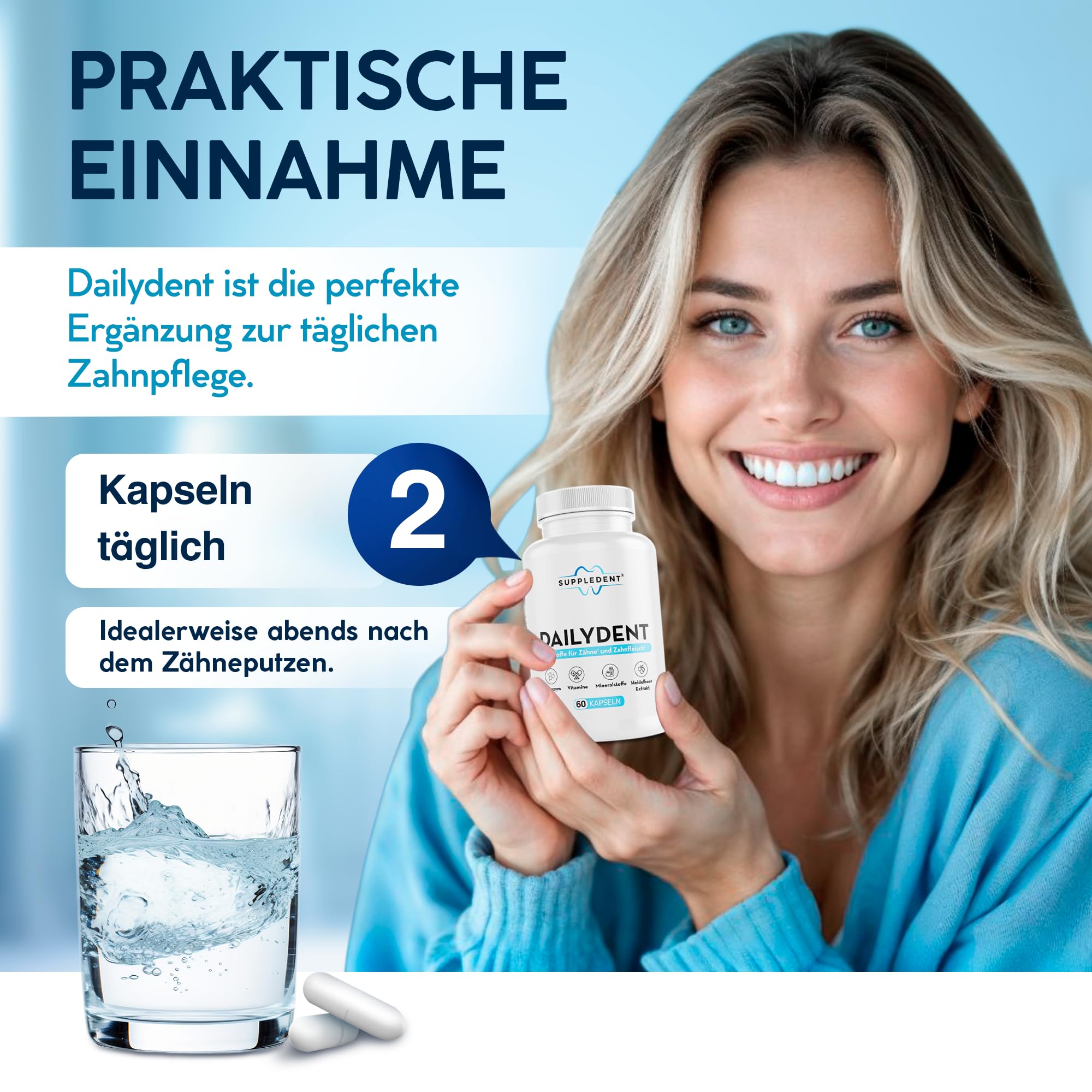 Dailydent – Multivitamin-Komplex für gesunde Zähne & Zahnfleisch mit Vitamin A, B1, B2, B6, B12, C, D3, E, K2, Folsäure, Zink, Magnesium, Eisen, Selen, Q10 & mehr – 60 Kapseln (30 Tage-Vorrat)