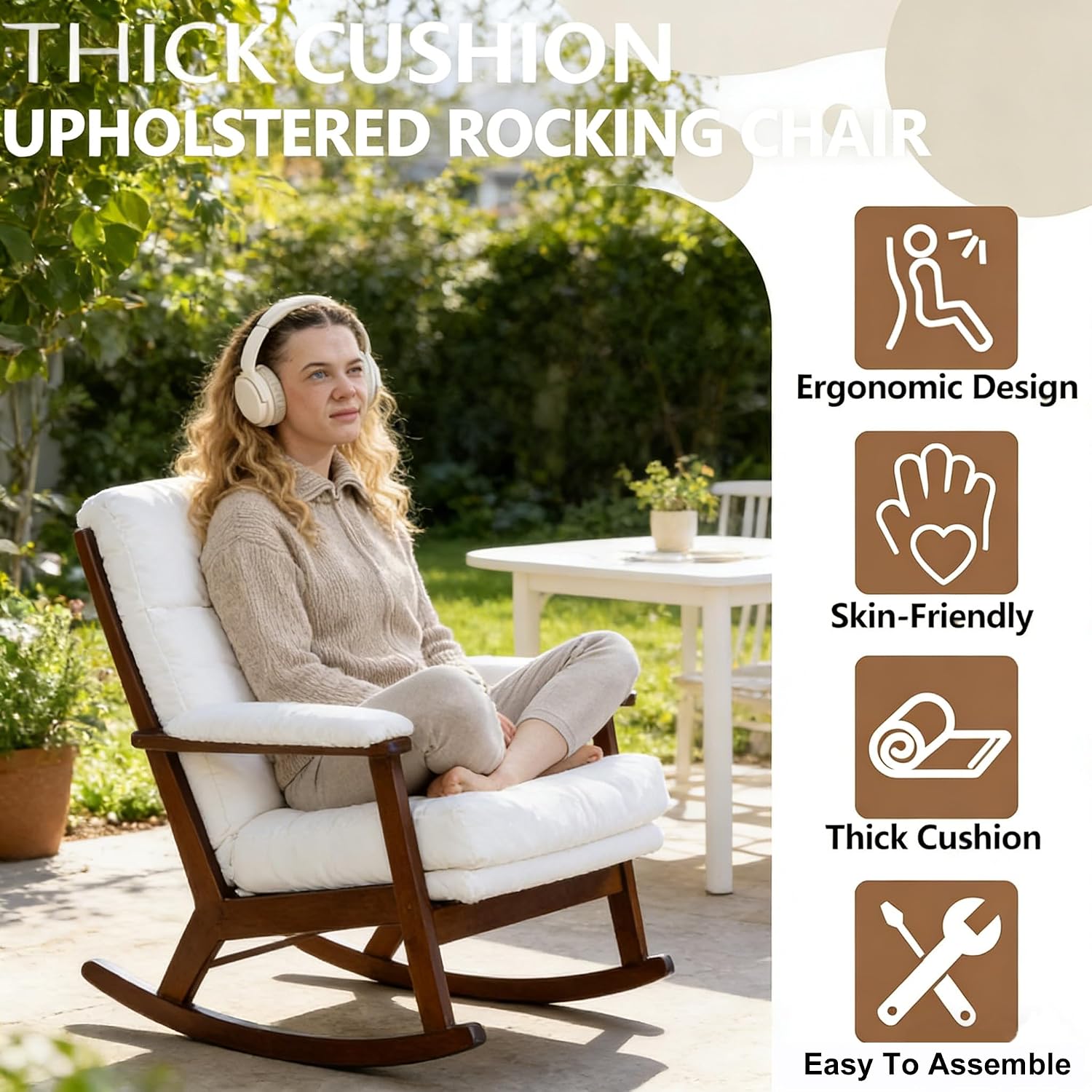 Mid Century Modern Rocking Chair Indoor, Velvet Upholstered Rocker Chair with Wood Frame, Nursing Ricking Chairs with Low Backrest for Living Room, Bedroom, Nursery, Office (Antique White)