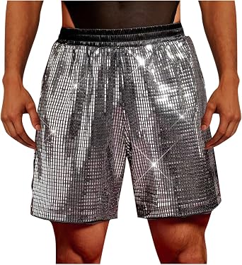 Sparkly Sequins Shorts for Men Casual Stylish Pull On Dress Shorts Joggers Glitter 80s Vintage Disco Party Outfits