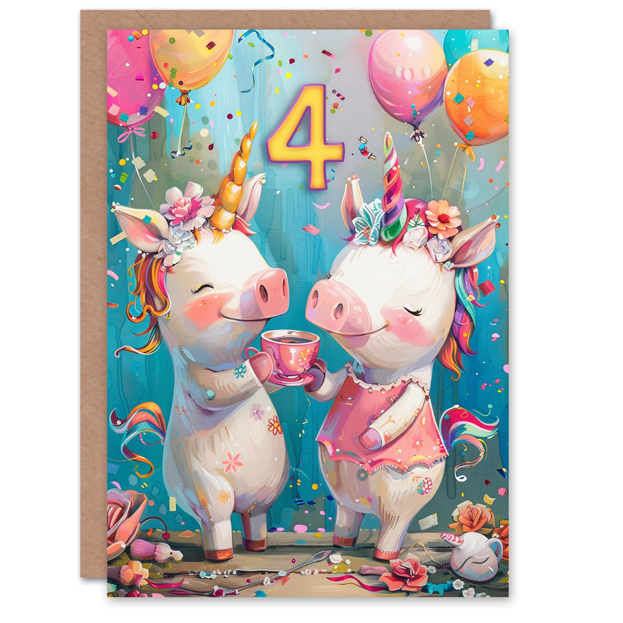 Artery8 Birthday Card Cute Pig Unicorn Piglet Party Balloons 4th 4 Year Old For Child Kids Son Daughter Greeting Card