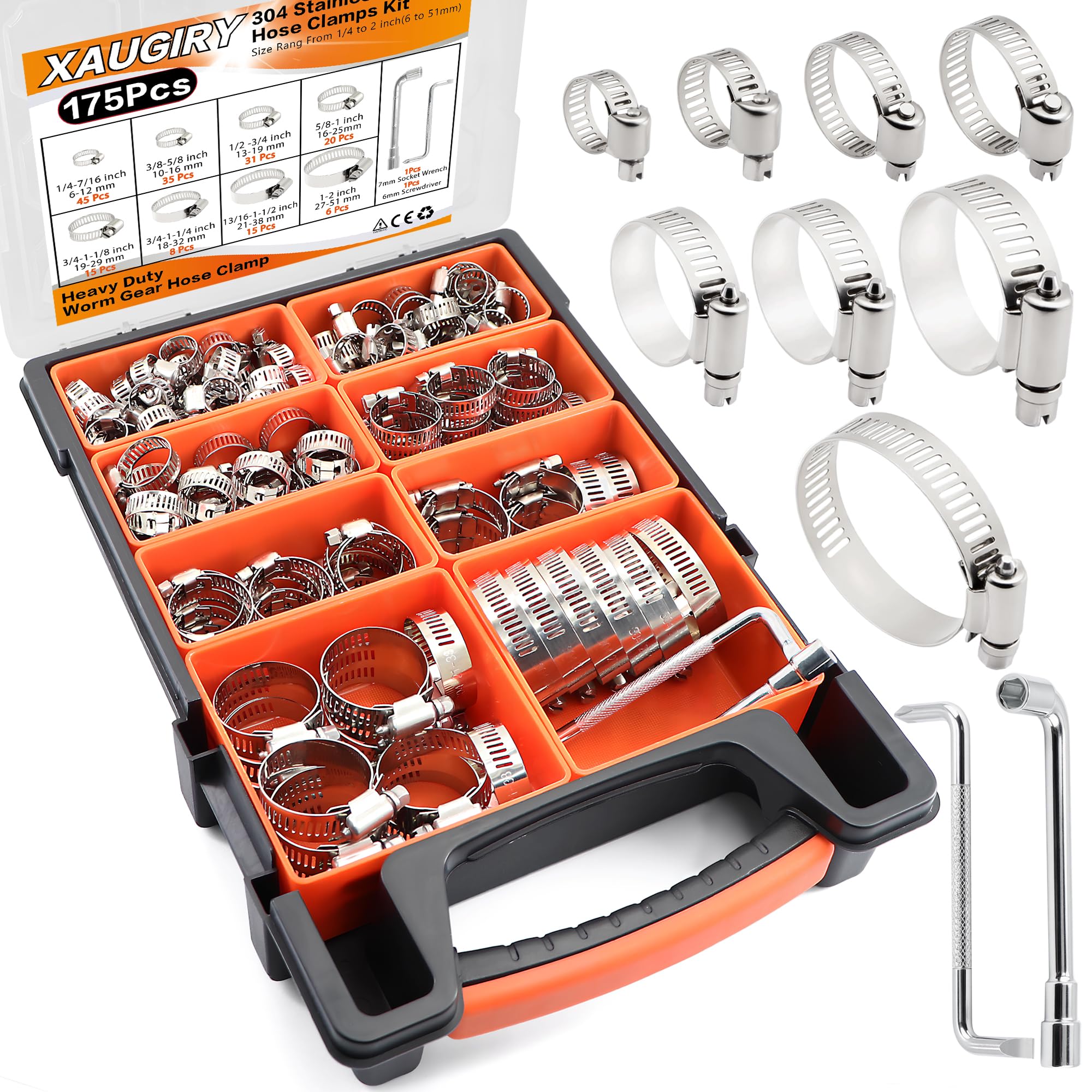 175Pcs Worm Gear Hose Clamps Kit 1/4"-2"(6-51mm) with Tools for Pipeline