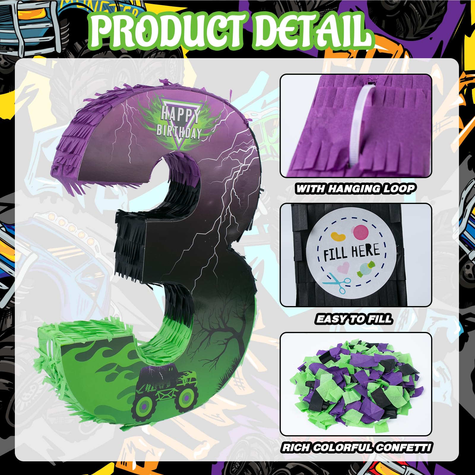 Piñata de coche Monster Truck número 3, piñata verde y morada para decoraciones de fiesta de cumpleaños, número 3 4 con palo para vendar los ojos, pequeño camión monstruo, suministros para fiesta de