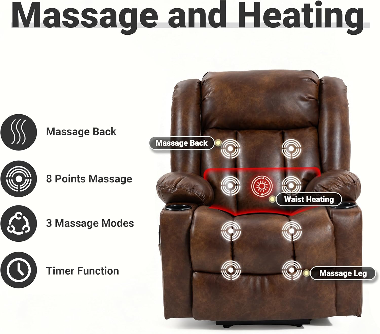 Power Lift Recliner Chair Zero-Gravity PU Recliner with Massage, Heating and Stand-Assist, Lazyboy Recliner for the Elderly, 2 Remote Controls, Large Pockets and USB Ports, Brown Leather