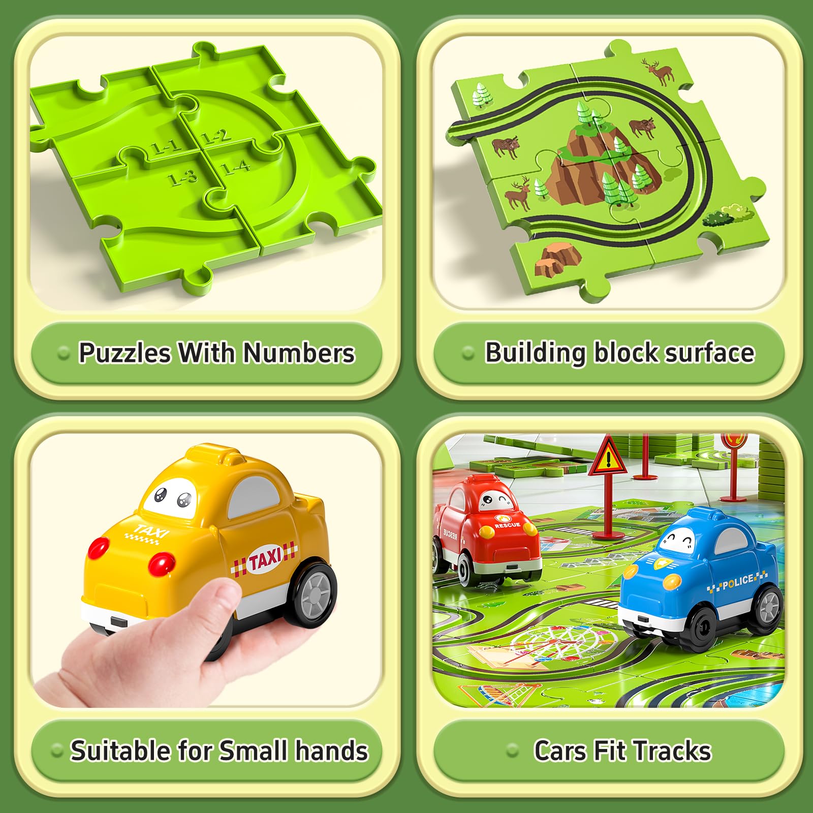 Juego de 64 piezas de coches de carreras de rompecabezas para niños de 3, 4, 5, 6 años, pistas de rompecabezas para niños de 3 a 5 años con 3 autos de juguete deslizantes, temáticos de ciudad 5