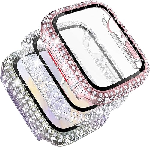 Fullife - Paquete de 3 carcasas con diamantes de cristal de imitación compatibles con Apple Watch de 1.57 pulgadas, con protector con vidrio