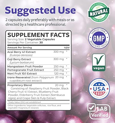 Miniatura 4 de Suplemento súper antioxidante, potente mezcla diaria de antioxidantes súper alimentos, bayas de acai, goji, granada y resveratrol trans, fórmula de