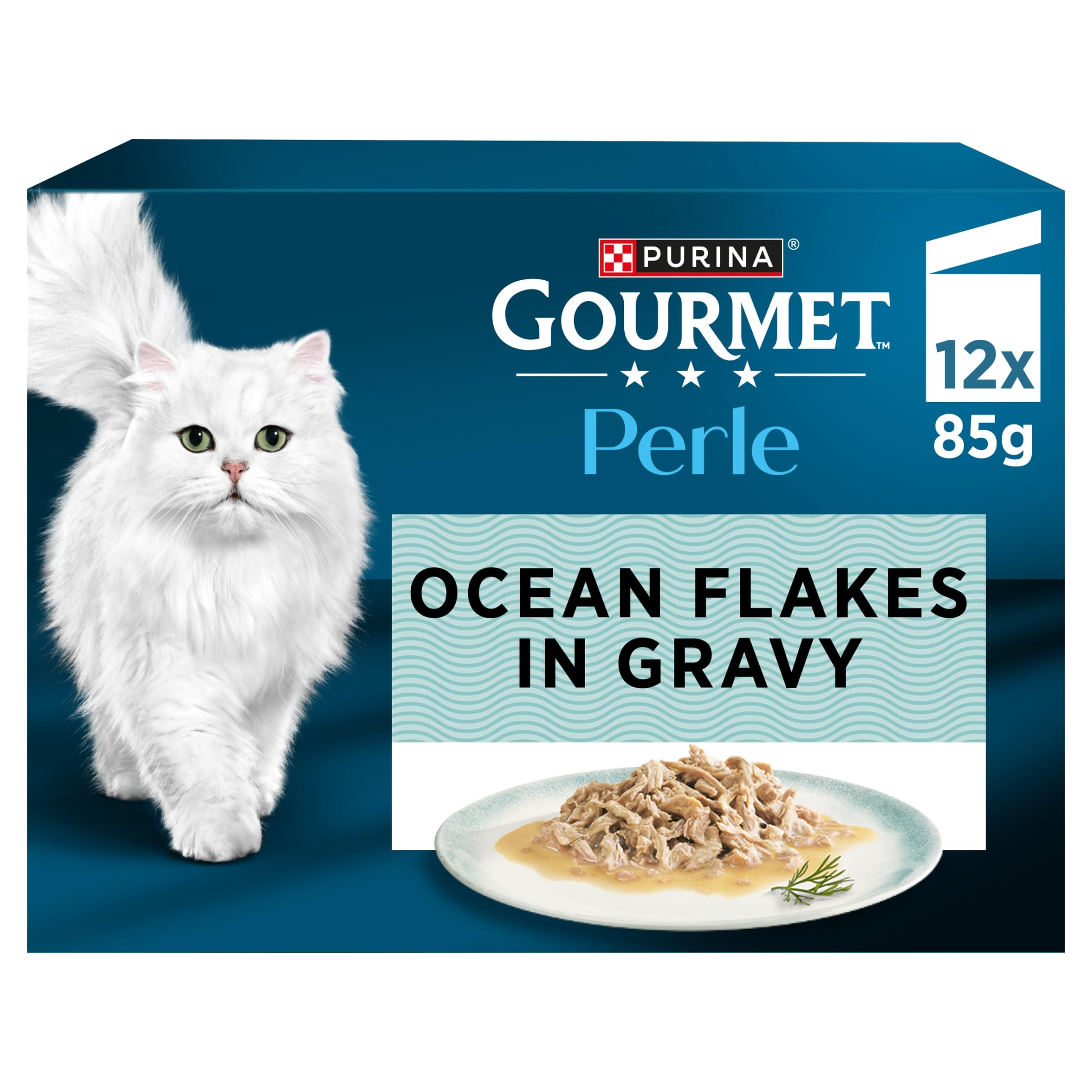 Gourmet Perle Ocean Flakes Cod, Salmon, Plaice, Saithe Wet Cat Food 12x85g (pack of 4)