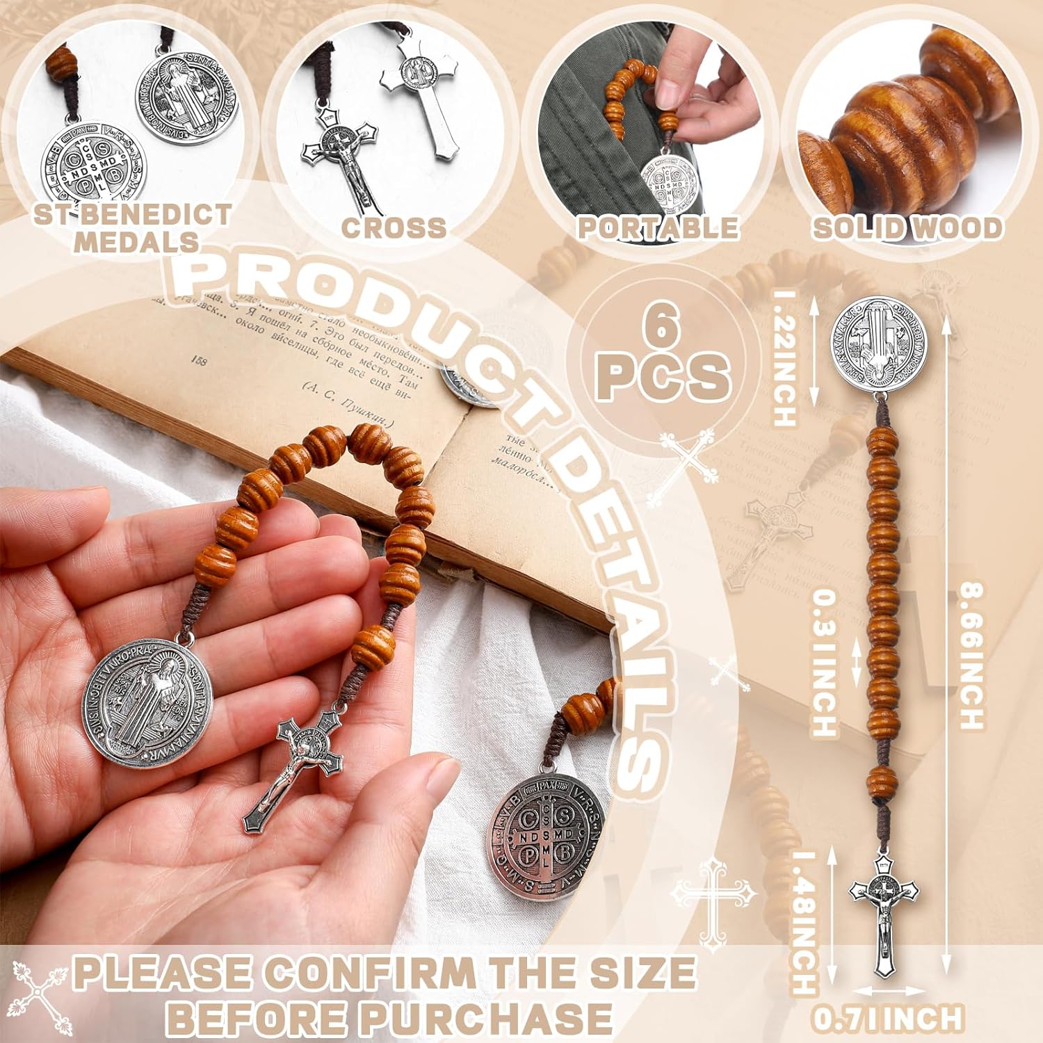 Kigeli 6 Pcs Saint Benedict Medal Prayer Pocket Rosary Catholic Gift for Men Women Bead Wood with Crucifix Christian Religious Gift Solid Wooden Prayer Chaplet with Cross Silver Jesus - Image 2