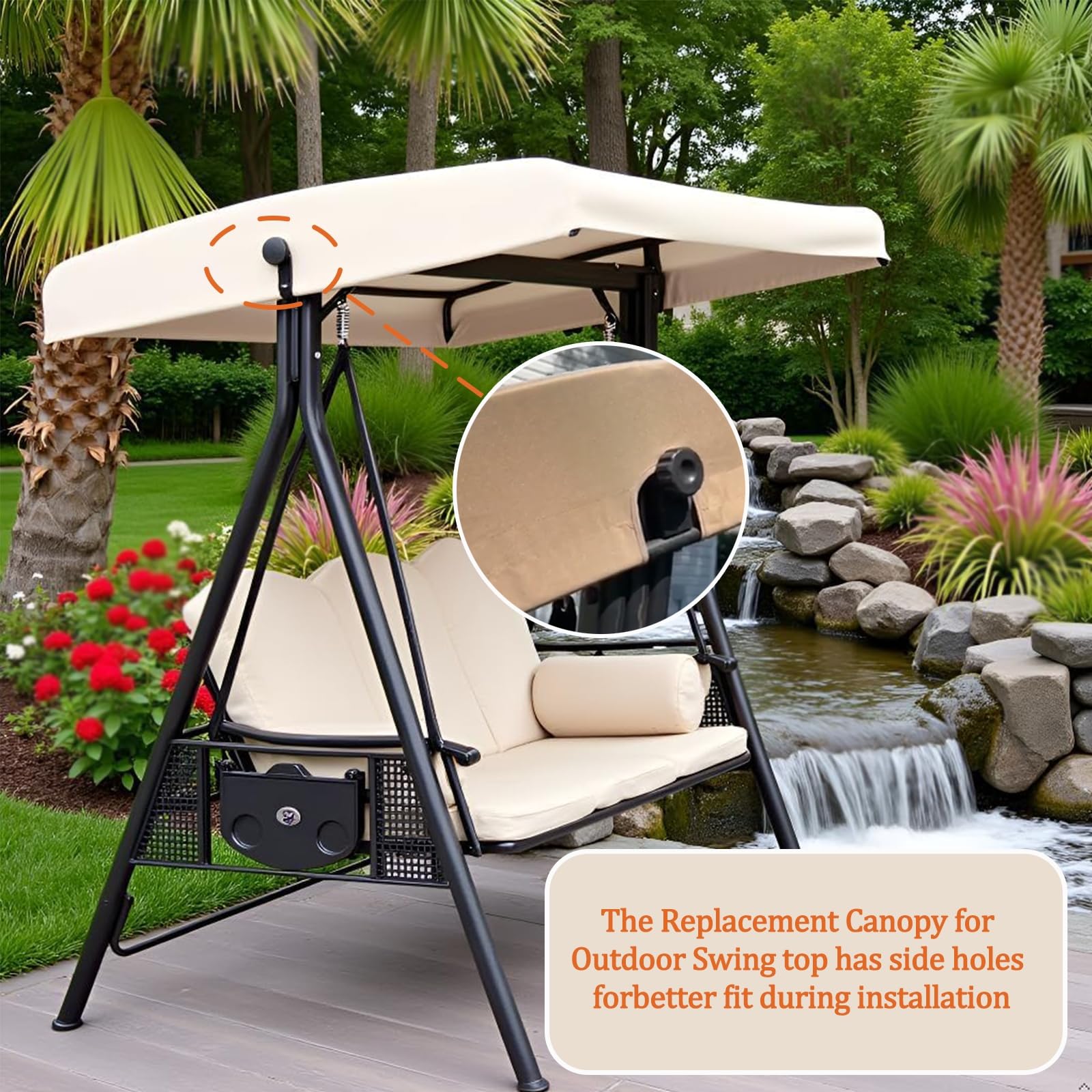 Tettuccio per Dondolo Tetto di Ricambio 3 Posti,Impermeabile e Protezione Solare Copertura per Dondolo da Giardino 190 x 120cm,Copri Superiore Baldacchino di Scorta per Tettuccio Arcuato,Beige