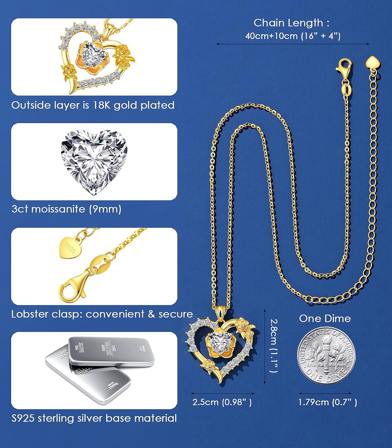Beam & Bask Rose Flower Love Heart Necklace for Wife, 2-3 Carat Moissanite Women's Pendant, Sterling Silver Plated with 18K Gold, Anniversary Birthday Wedding Jewelry for Girlfriend Soulmate Her
