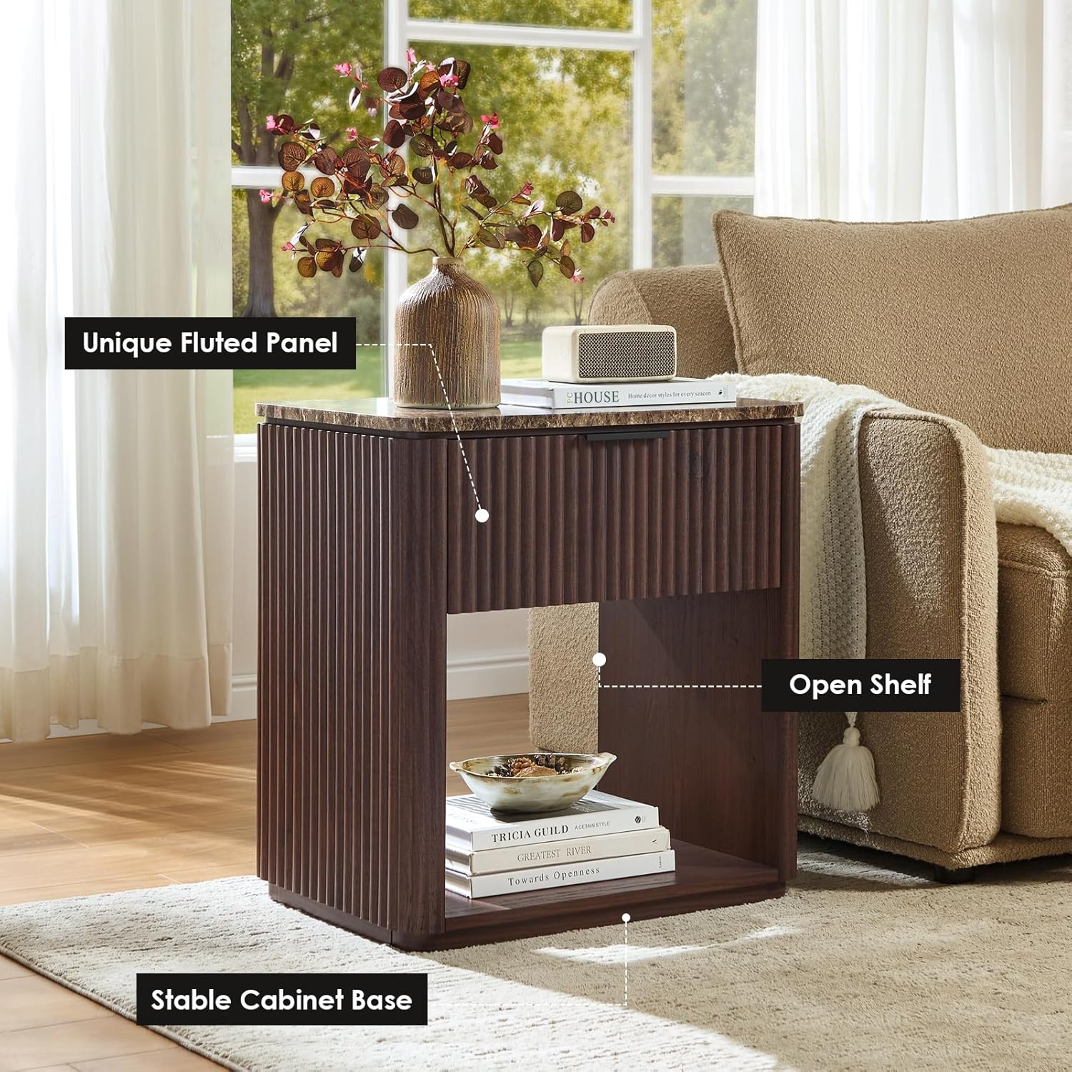 Fluted Nightstand Set of 2, Bedside Table with Faux Marble-Top, Engineered Wood Side Table with Drawer Open Shelf, Curved Corners, Modern Night Stand for Bedroom, Small Spaces, Dark Oak