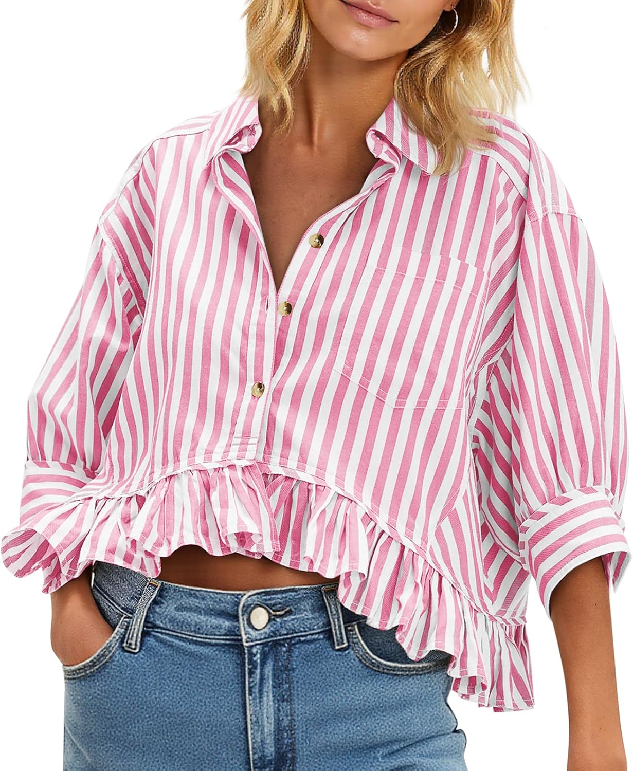 Cicy Bell Womens Cropped Striped Button Down Shirts Ruffle 3/4 Length Sleeve Summer Tops Dressy Casual Blouses