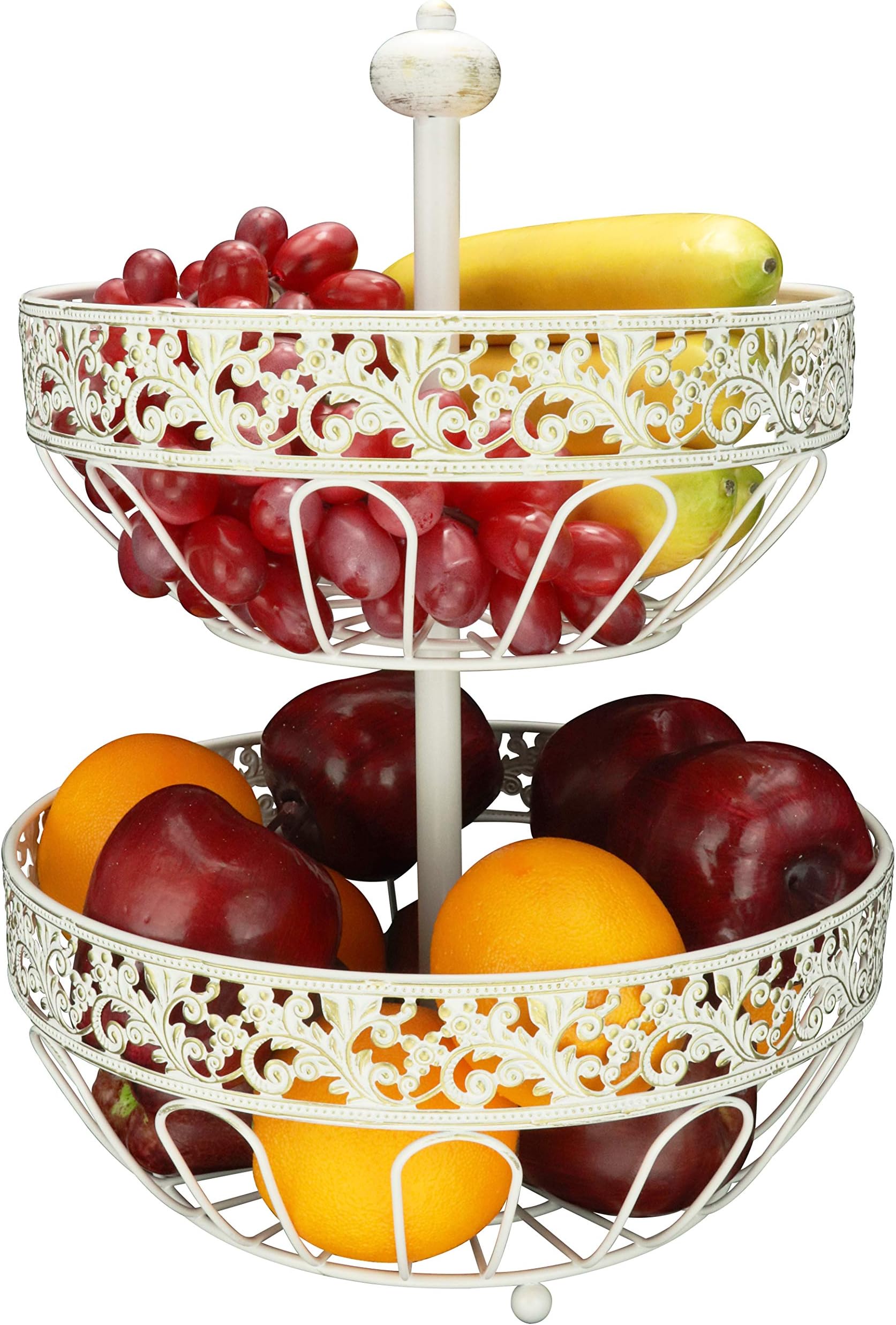 ROSYLINE 2 tier fruit basket, fruit bowl, multi-purpose kitchen and living room storage fruit and vegetable basket (White Brushed Bronze)