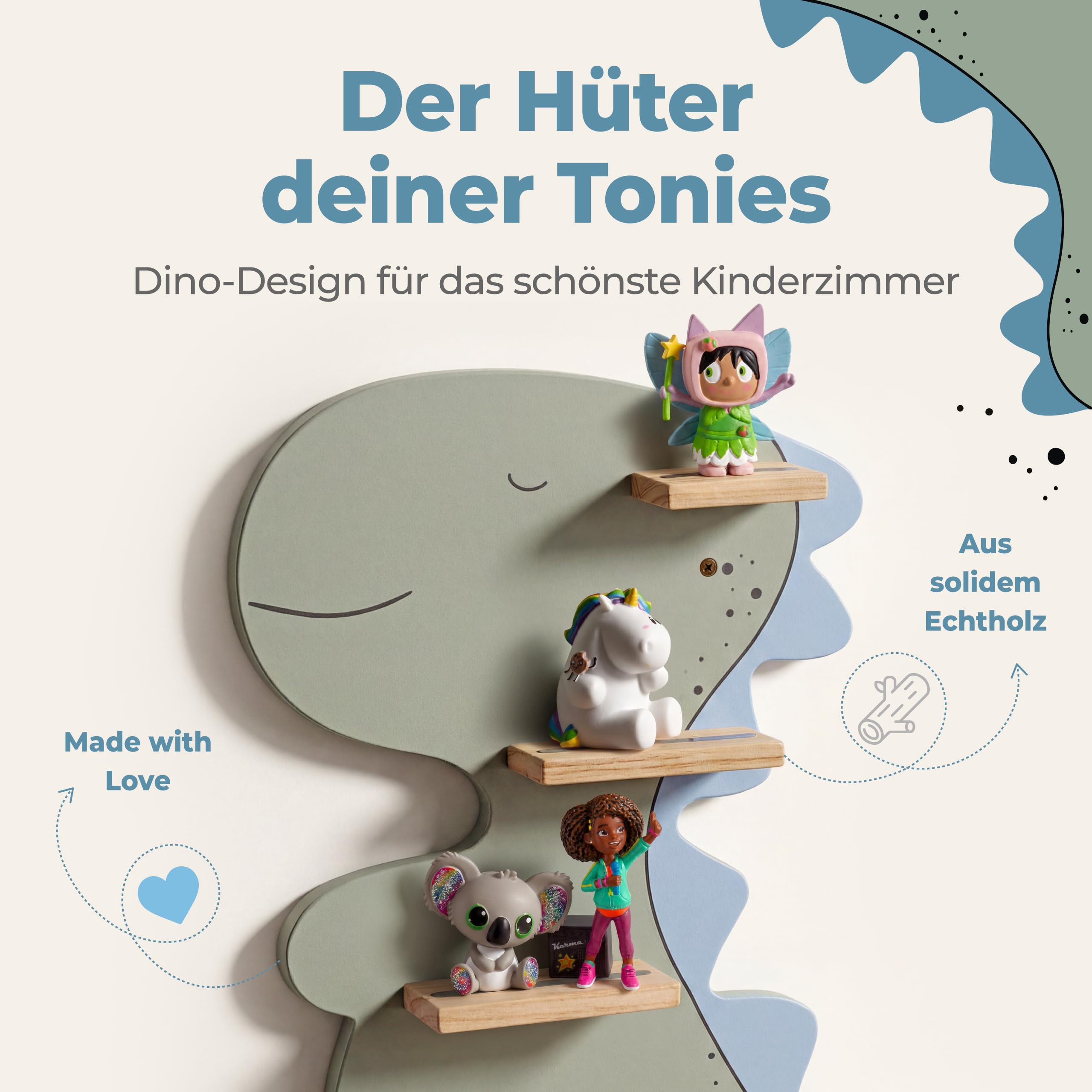 Little Goldie® Tonie Regal - für Tonie Figuren (magnetisch) und Box - Dino Motiv für Jungen und Mädchen - hängend - für Toniebox 1 und 2