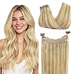 GOO GOO Wire Hair Extensions Human Hair, 16/22 Light Blondewith mix Golden Blonde Highlighted 12inch 70g, Invisible Wire Hair Extensions with Transparent, Seamless Fish Line Hairpiece