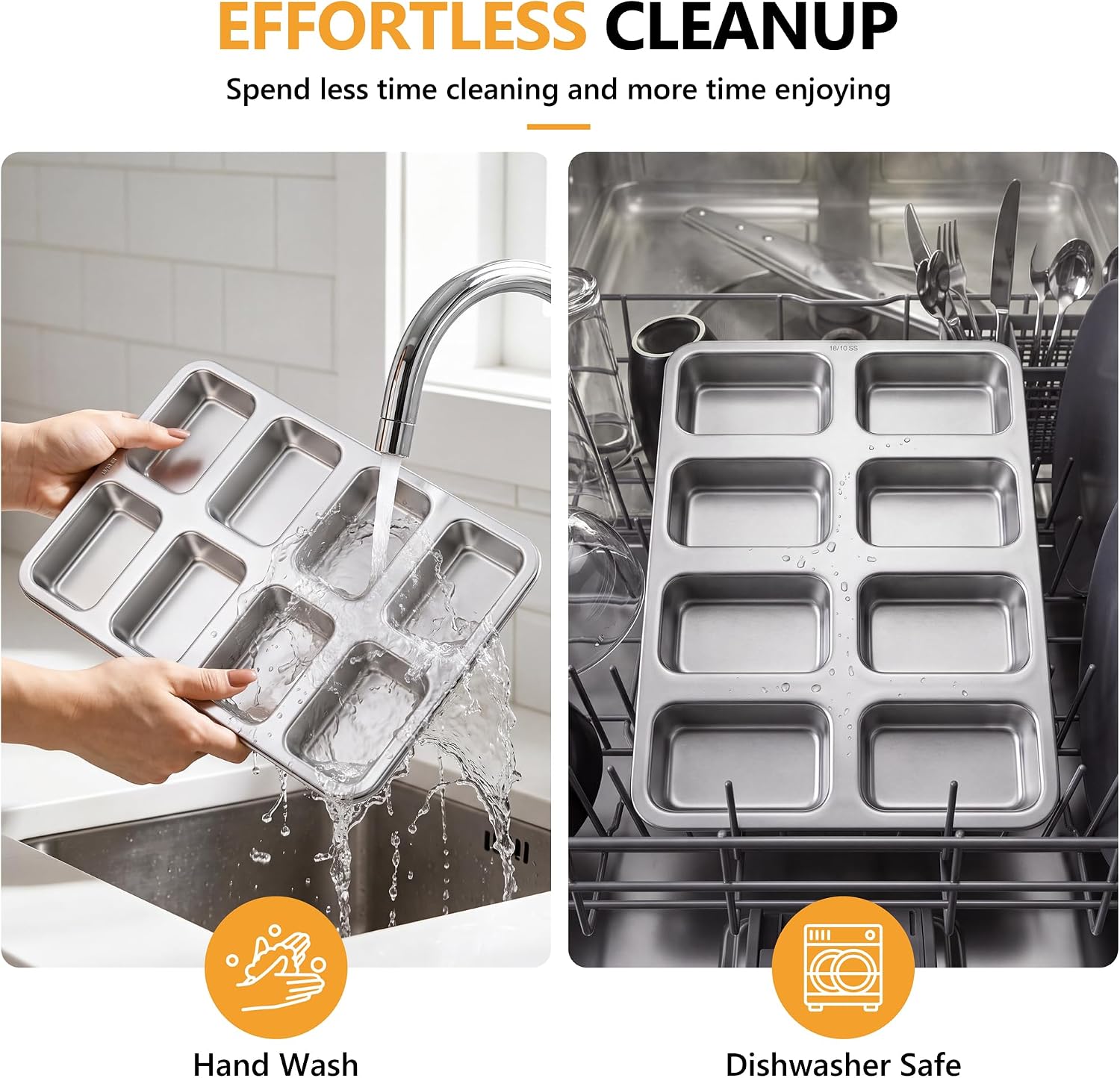 E-far Mini Loaf Pan, 8-Cavity Stainless Steel Baking Bread Pans Set, 2 Pack