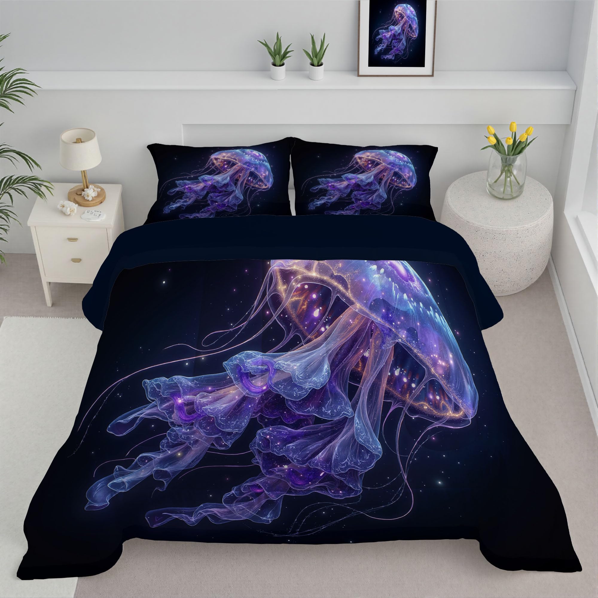 Trapunta Letto Singolo 4 Stagioni Piumone per Bambini, Medusa Viola Leggero Minimalismo Cielo Stellato Set di Biancheria da Letto 140x200cm con 1 Federe,Piumino Lavabile In Lavatrice