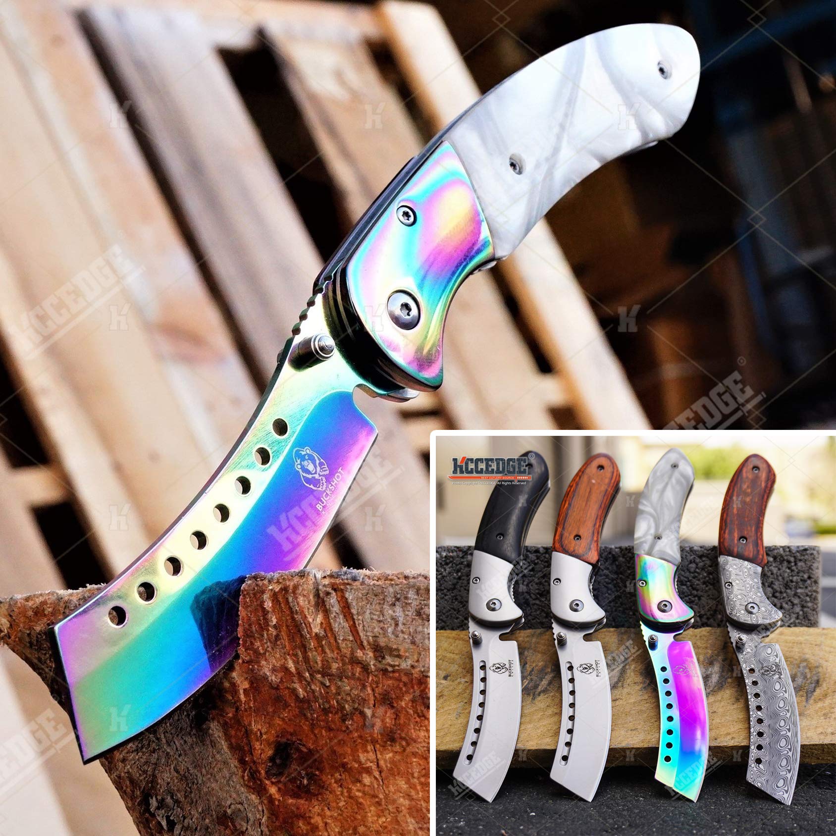KCCEDGE BEST CUTLERY SOURCEEDC Pocket Knife Camping Accessories Folding Knife for Camping Gear Survival Kit Full Edge with Razor Sharp Edge 58731 (White Iridescent)