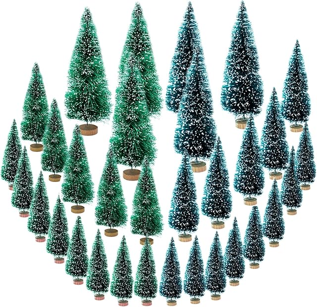 GZGXKJ 32 Pcs Miniature Christmas Tree Mini Sisal Snow Frost Trees Artificial Model Trees Pine Trees with Wooden Base Bottle Brush Trees Winter Ornaments Tabletop Trees for DIY Craft Party Decoration