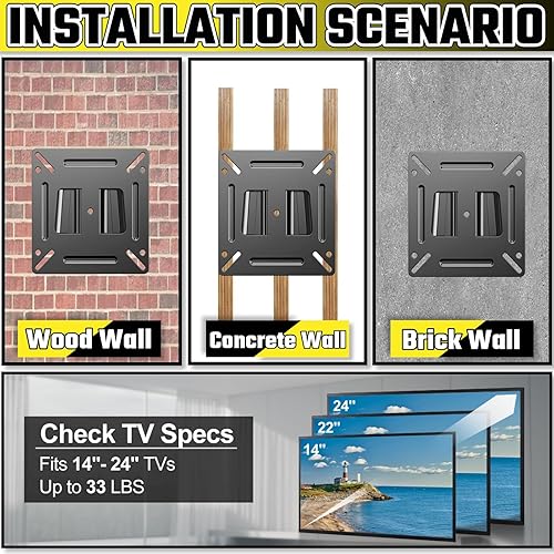 Miniatura 5 de Paquete de 2 soportes de pared para monitor para la mayoría de LED LCD o computadora de 14-24 pies, soporte de montaje pequeño para TV y RV con 1