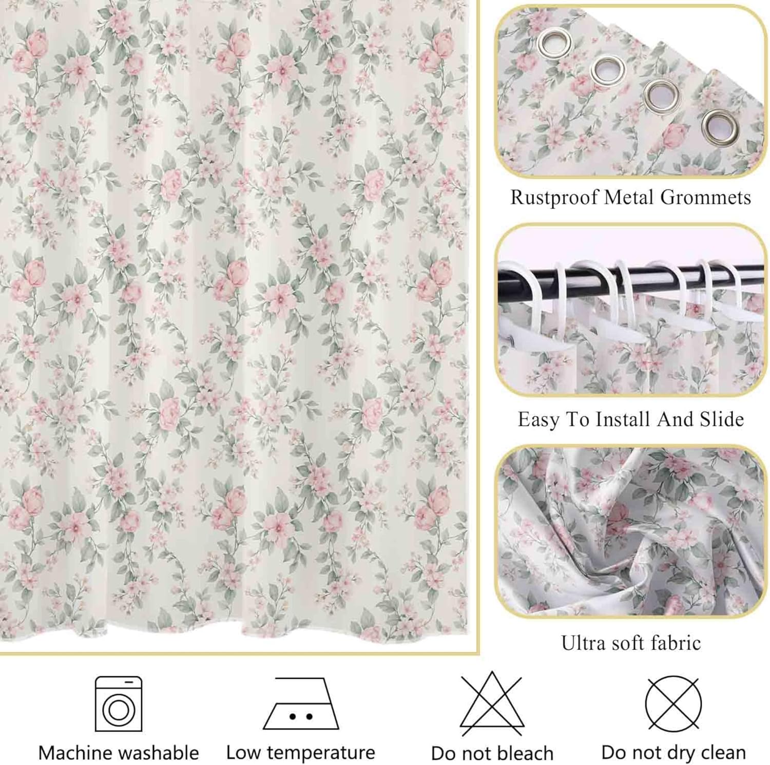 Pink and Sage Green Floral Shower Curtain, Vintage Farmhouse Flower Shower Curtains for Bathroom, Cottage Bathroom Decor 72Wx78H