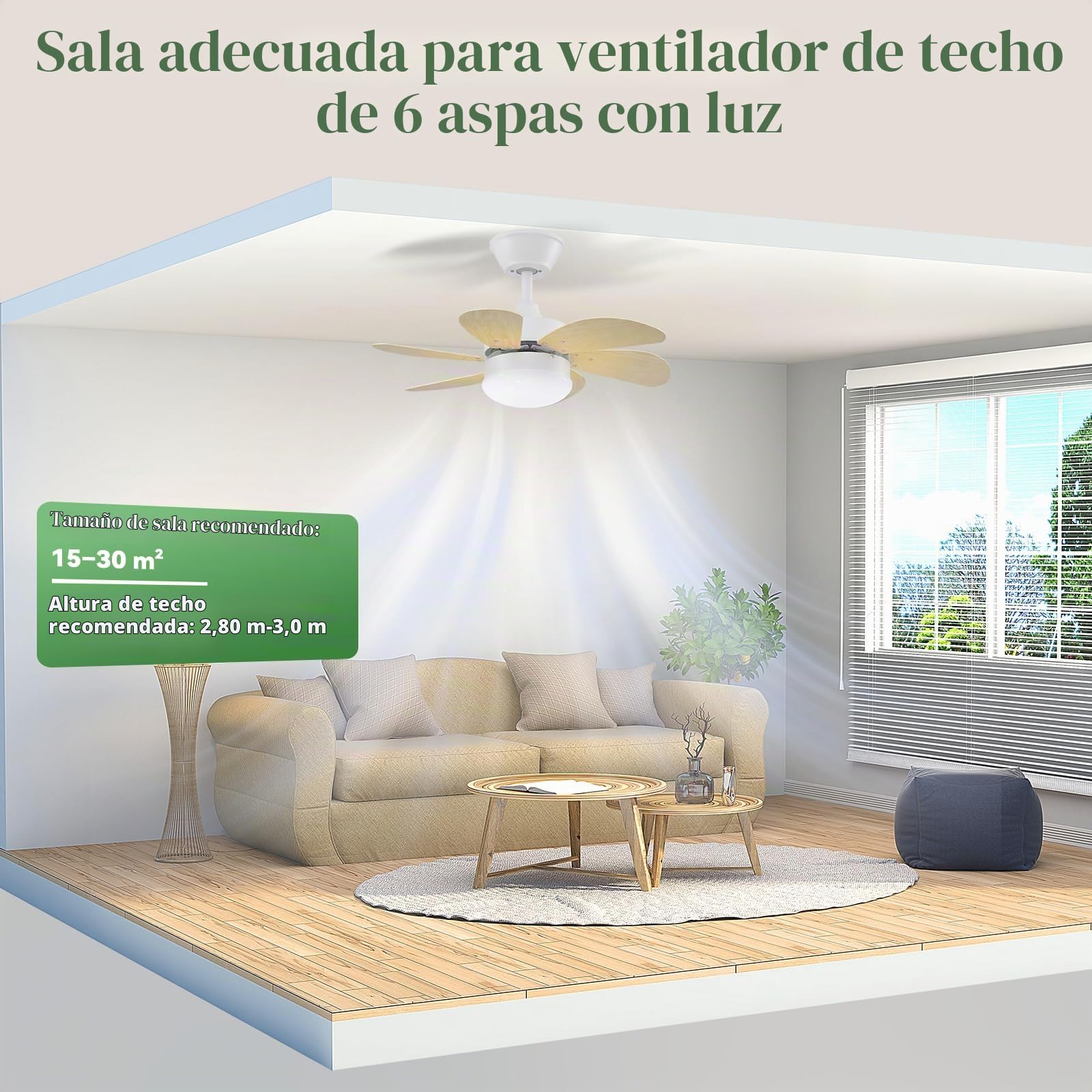 Homefire Ventilador de techo silencioso luz - Lámpara de sala de estar | Ø75 cm con aspecto de madera - Bombilla E27 - Ideal para verano/invierno para dormitorio, comedor o mesa