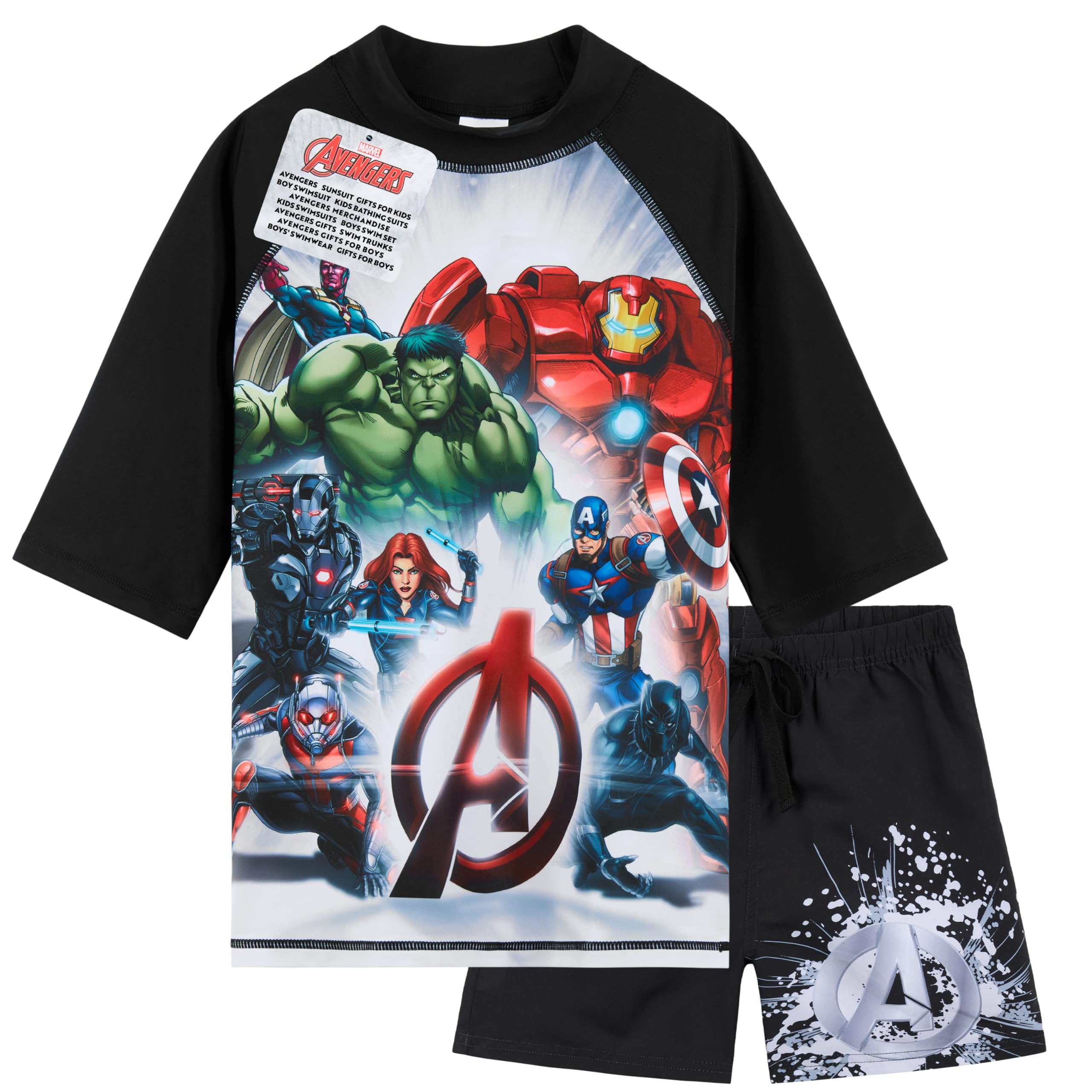 Get Trend Marvel Avengers Swimsuit Set for Boys Teenagers 2 Pcs with Swimming Trunks Boys Rash Vest for Swimming Beach Trip Holiday Essentials (9-10 Years, Black/Multi Avengers)
