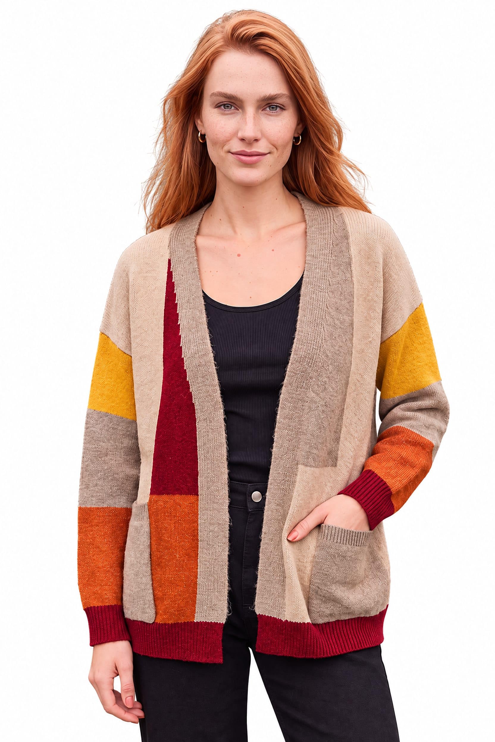 Roman Originals Colour Block Knit Cardigan for Women UK - Ladies Everyday Autumn Winter Comfy Soft Evening Vacation Work Party Night Out