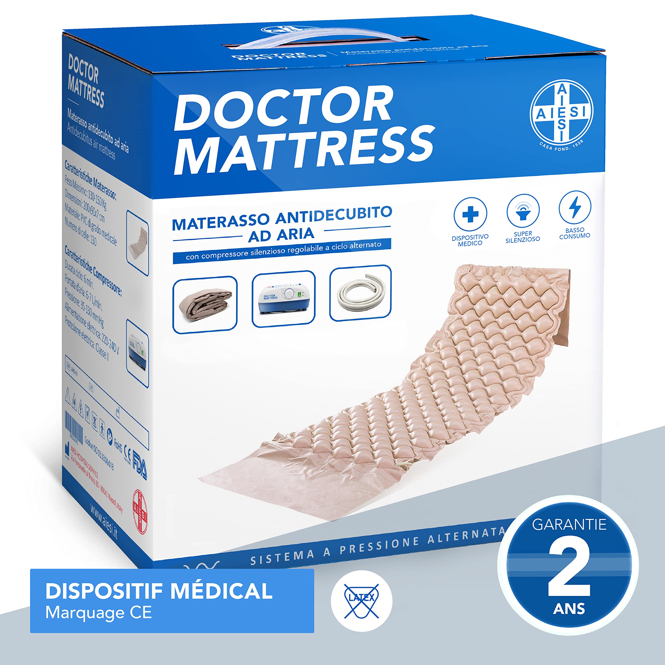 AIESI® Matelas Anti escarres a air avec compresseur réglable à Cycle alterné Doctor Mattress, 130 cellules, Capacité 150 kg, Super Silencieux, Kit de réparation, Garantie 24 Mois