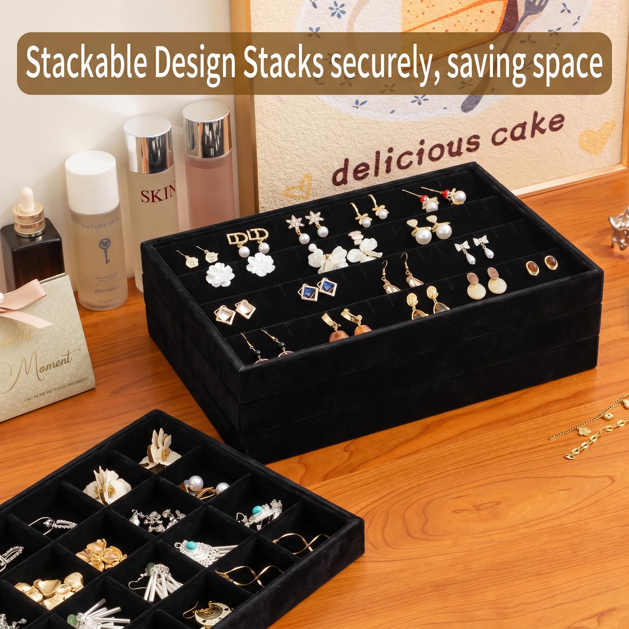Frebeauty Stackable Velluto Gioielli Organizzatore Vassoi per Cassetti Inserti Gioielli Storage Vassoio Display Caso, Orecchini Stud Bracciali Collana Anelli Accessori Vassoi per Donne(Set di 4,Nero)