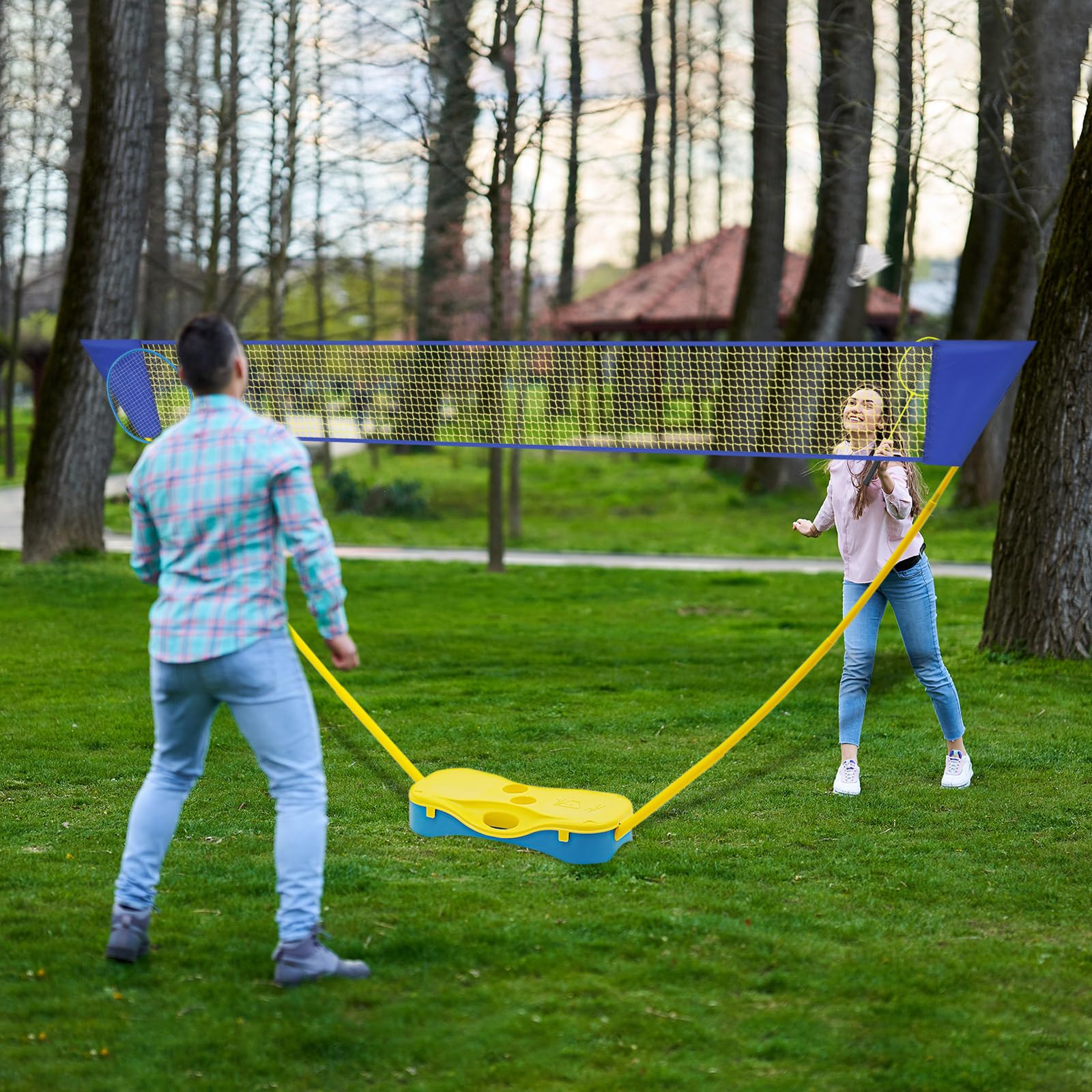 Kit de badminton portable avec filet de 3 m, filet de badminton autonome avec support, 2 raquettes et 2 balles, hauteur réglable 155 cm, mobile pour jardin, plage, extérieur et intérieur