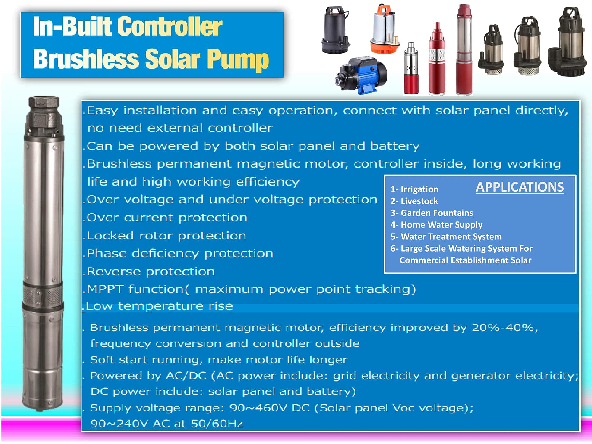 Riya Solar Powered Submersible Water Pump BLDC Motor Dc60V,Dc600W