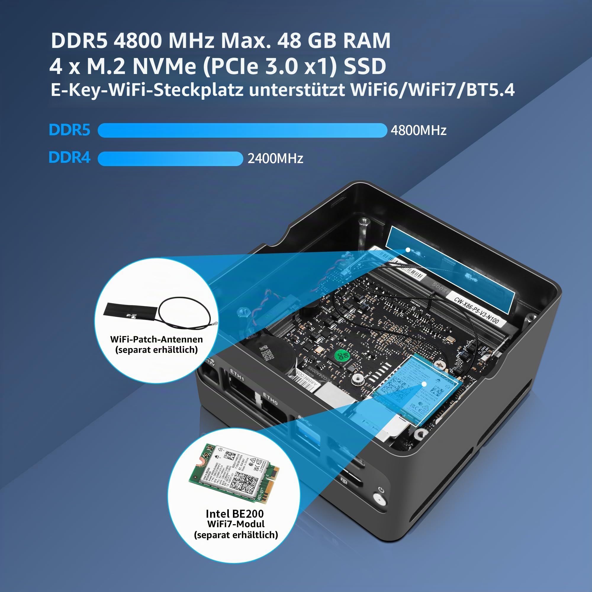N355 Mini PC NAS (N305 Upgrade), 4X M.2 NVMe X86-P6 Mini Desktop Computer with 2X i226-V 2.5GbE LAN, DDR5 Micro PC Barebone NO RAM/SSD/OS, 2-Display, WiFi7/BT5.4 Expandable