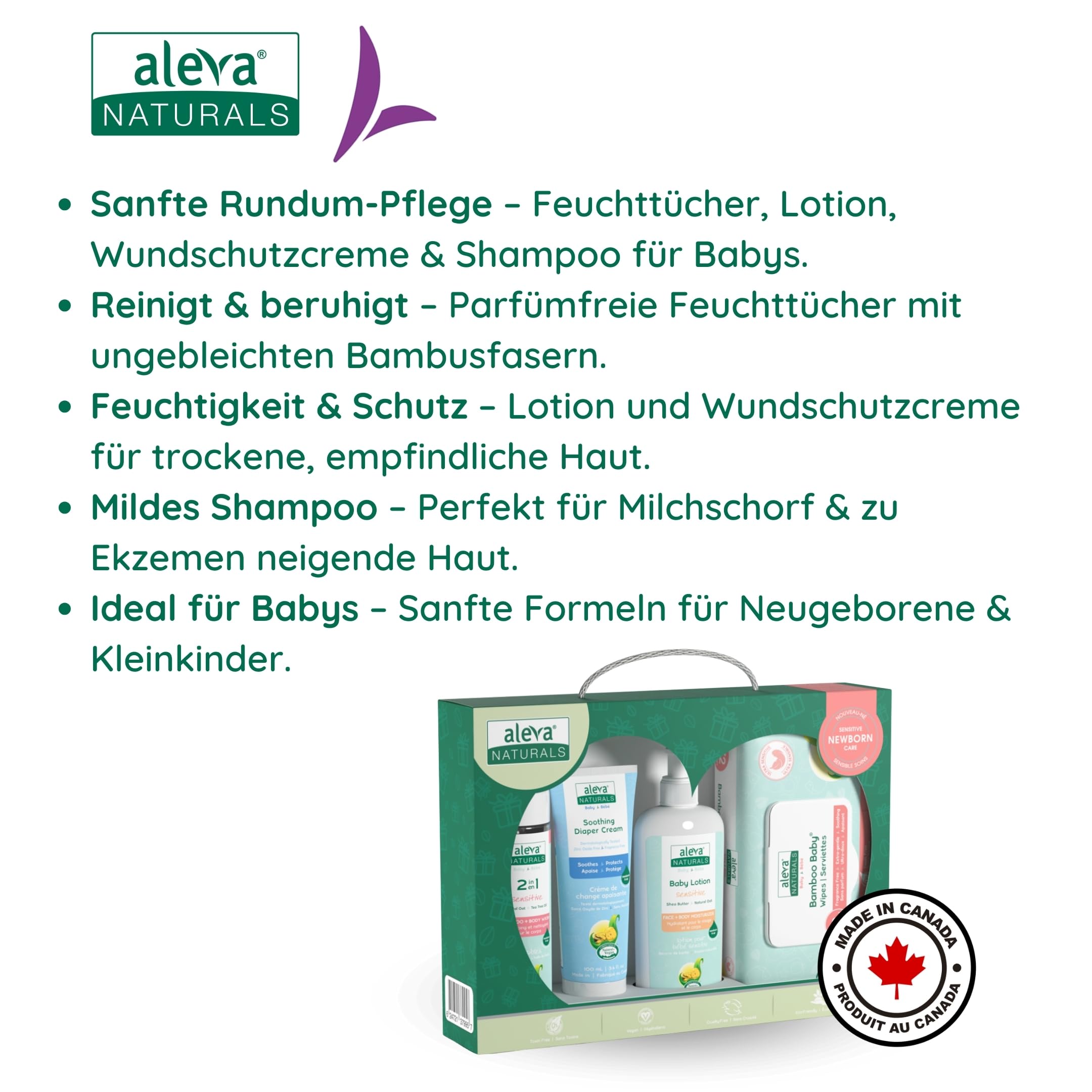 Aleva Naturals Newborn Baby Set – 100% natürliche Pflege für die empfindliche Haut Ihres Babys, hypoallergen, ohne Parabene & Sulfate, enthält Shampoo, Lotion, Windelcreme & Feuchttücher