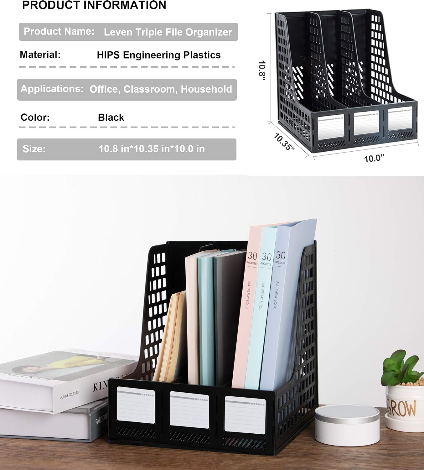 Leven Sturdy Magazine File Holder Desk Organizer File Folder for Office Organization and Storage with 3 Vertical Compartments, File-Storage-Organizer-Magazine-Holder