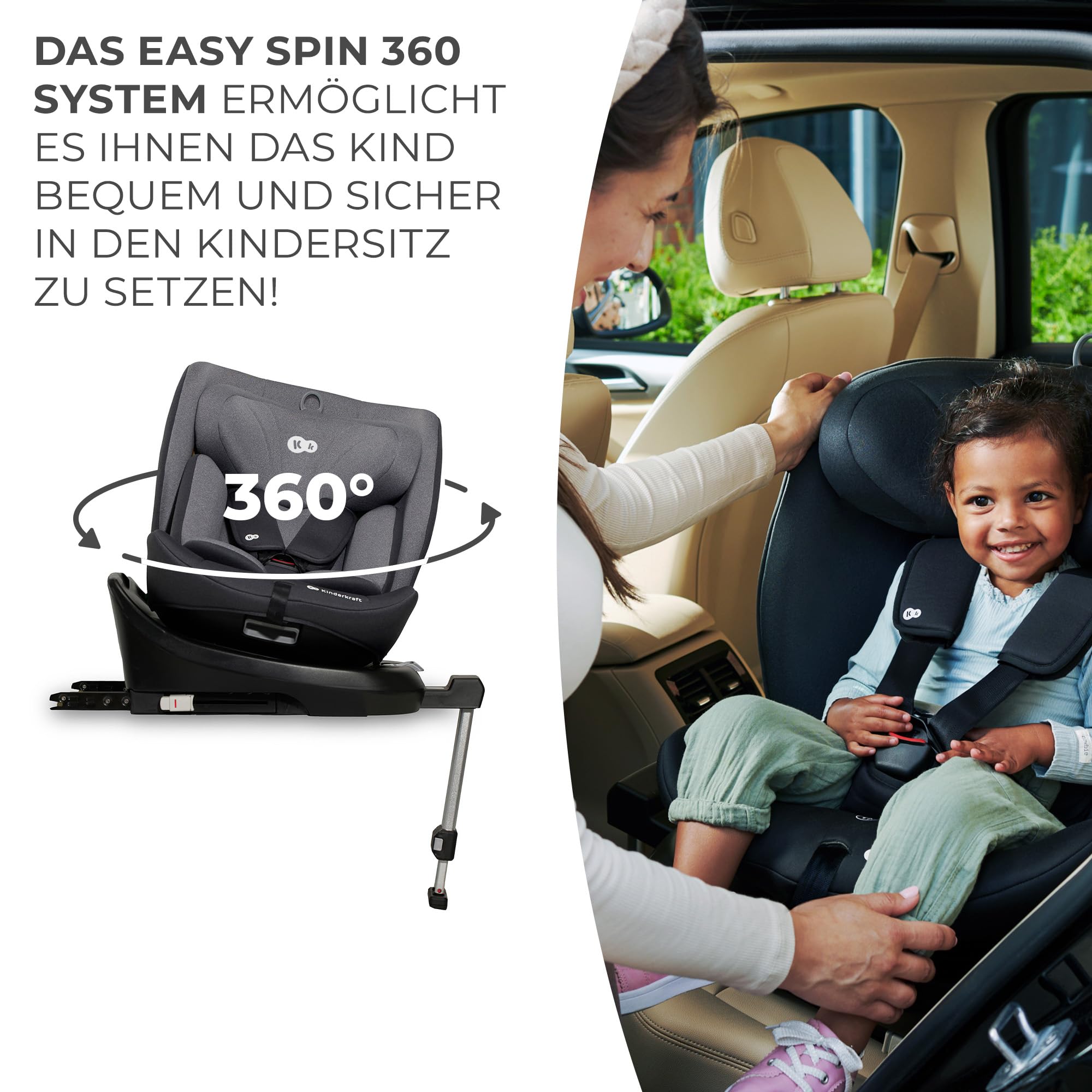 Kinderkraft I-360 Kindersitz 0-36 kg, I-SIZE 40-150 cm, Reboarder 360 grad drehbar, Kinderautositz mit Isofix station, FWF und RWF, Verstellbare Kopfstütze/Rückenlehne mit Liegeposition, Grau