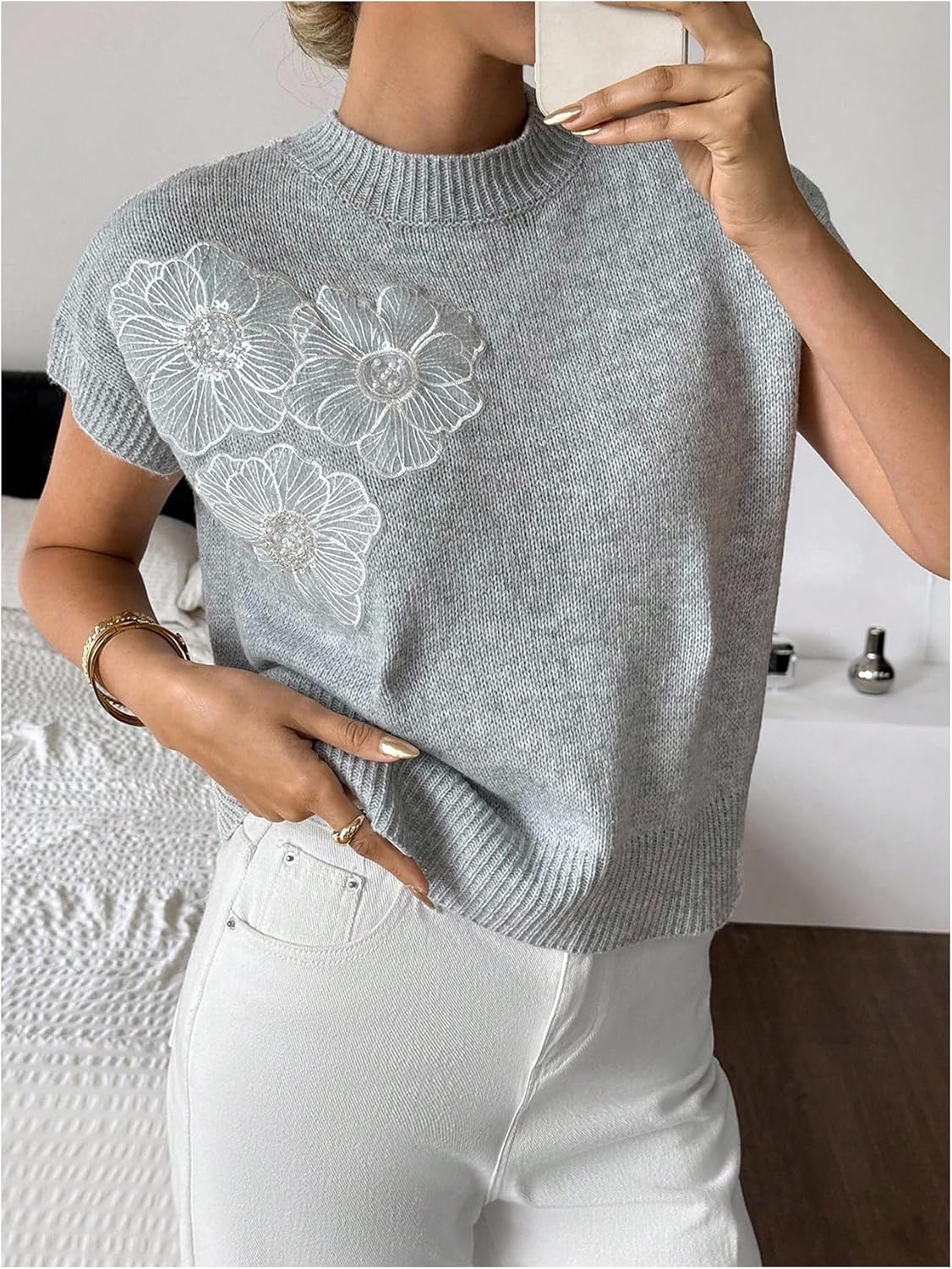 SOLY HUX Women's Short Sleeve Sweater 3D Floral Sweaters Pullover Tank Tops Knit Vest Trendy Fashion Clothing Grey White Floral Large - Image 2