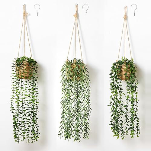 3 Pack Artificial Hanging Plants in Boho Handwoven Baskets for