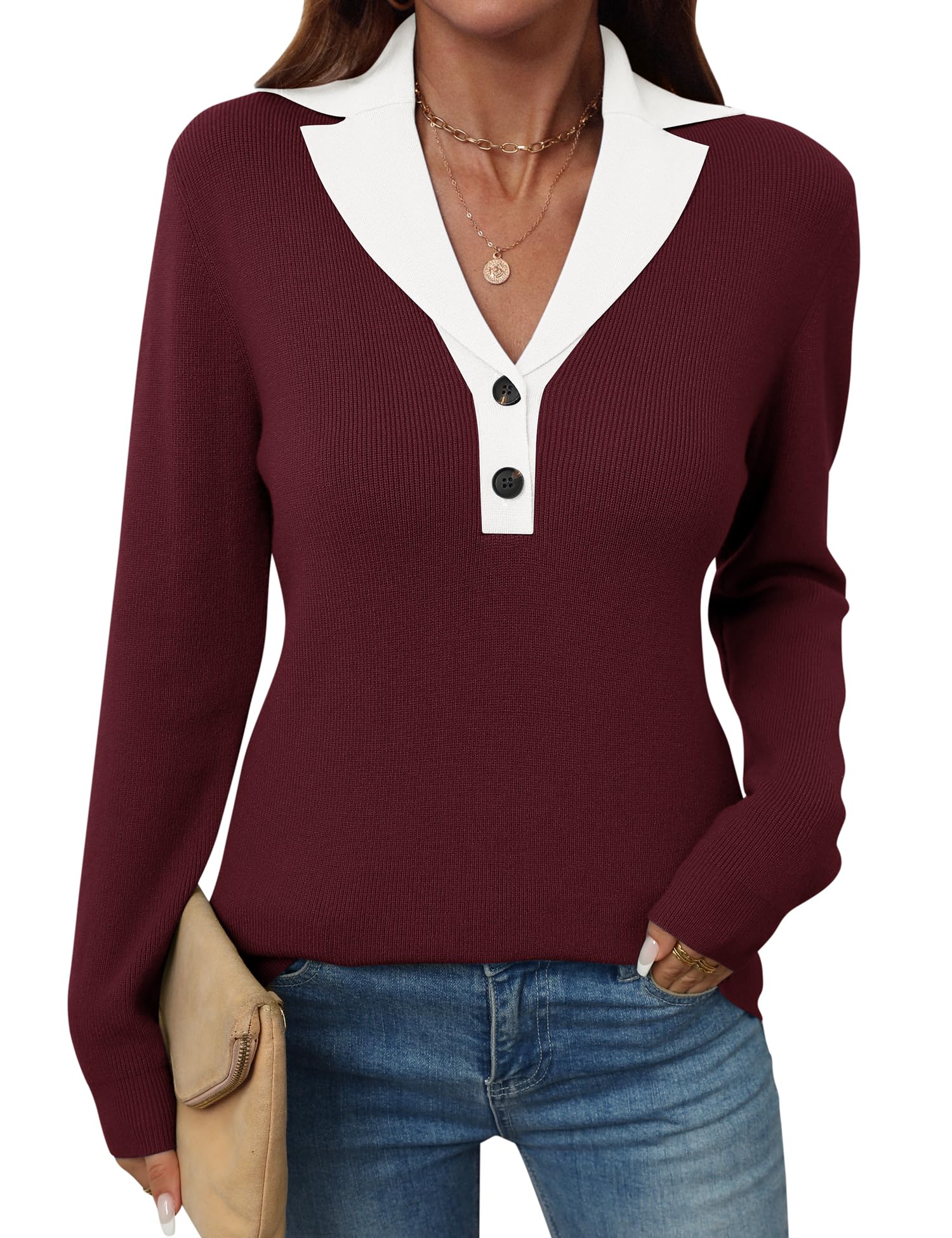 LOMON Sweaters for Women 2025 Fall Knitted V-Neck Collared Button Pullover Dressy Casual Long Sleeve Polo Shirts Business