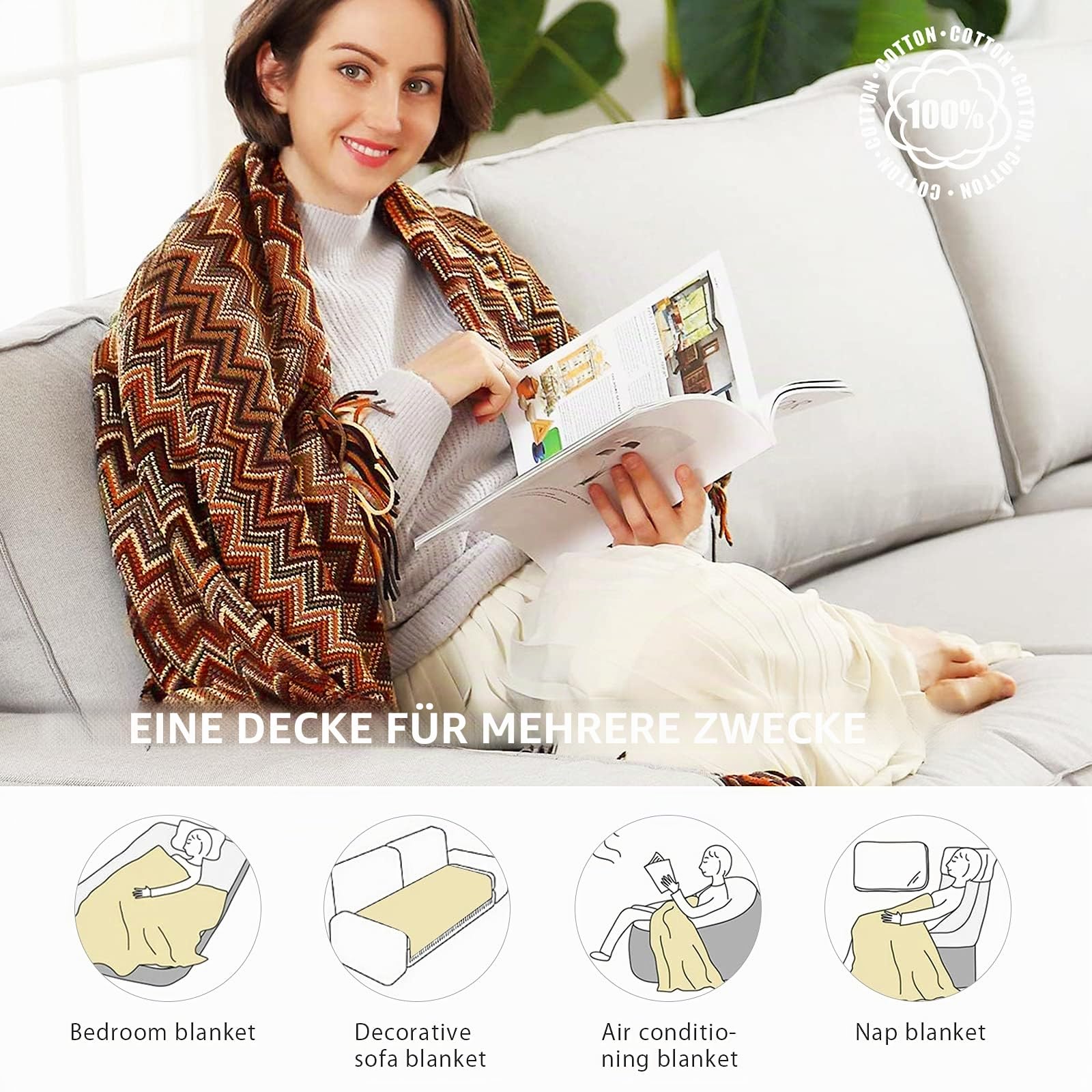 LumiSyne Gestrickte Decke Mit Quaste Hahnentritt Boho Kariert Kuscheldecke Strickdecke Tagesdecke Überwurf Couchdecke Dekorative Decke Für Sofa Bett 180x240cm