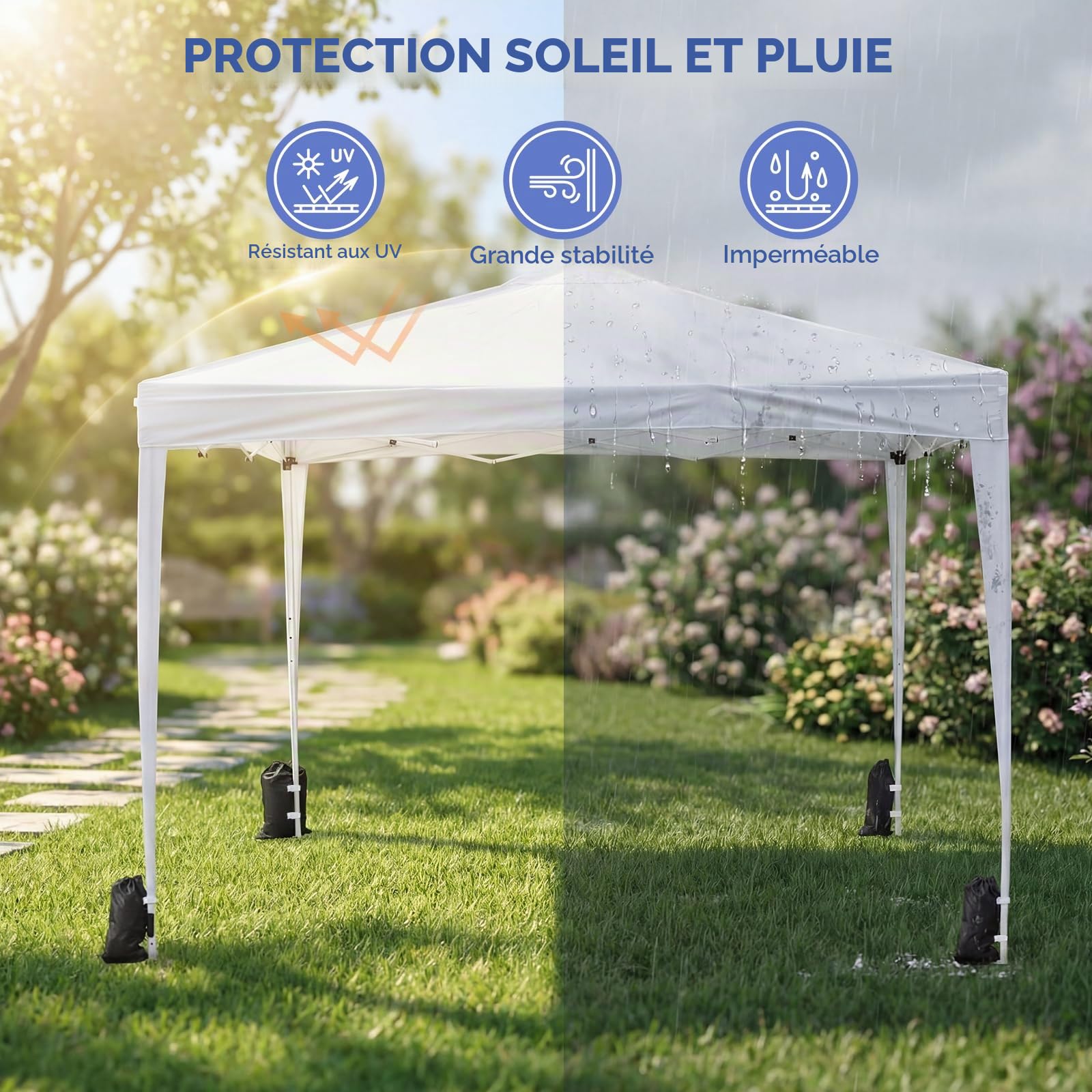 VOWNER Tonnelle Pliante 3x3m Imperméable, Barnum Pliant de Jardin Extérieur, Pavillon Pop-Up avec Sac de Transport, Sac Lesté, pour Jardin, Camping, Fête, Mariage, Blanc | Pavillon imperméable de jardin extérieur avec sac de transport et sacs lestés