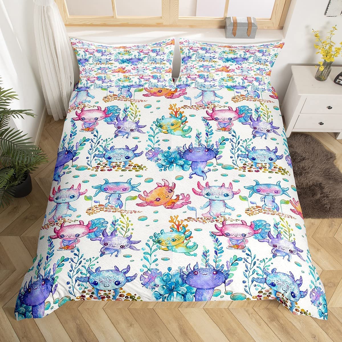 Homewish Boys Multi 03 Axolotl Duvet Cover Single Watercolor Kids Cute Axolotl Bedding Set Kawaii Cartoon Animals Pet Reptile Comforter Cover For Girls Underwater World Oasis Quilt Cover With 1 Pillowcase Colorful