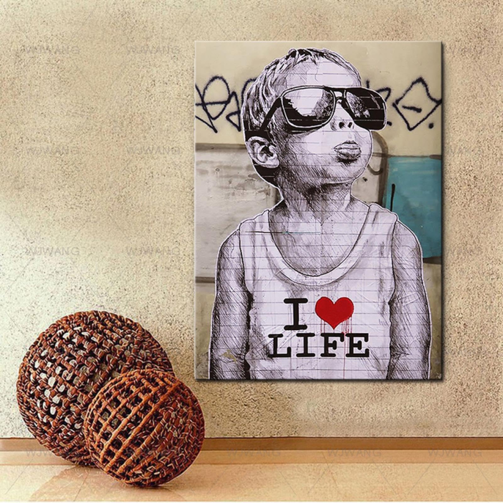 Guying Art Boys With Frame Graffiti Street Art "I Love Life" Poster Canvas Painting Modern Fashion Posters Prints Wall Pictures Kid's Bedroom Home Decor 80X120cm(31X47in)