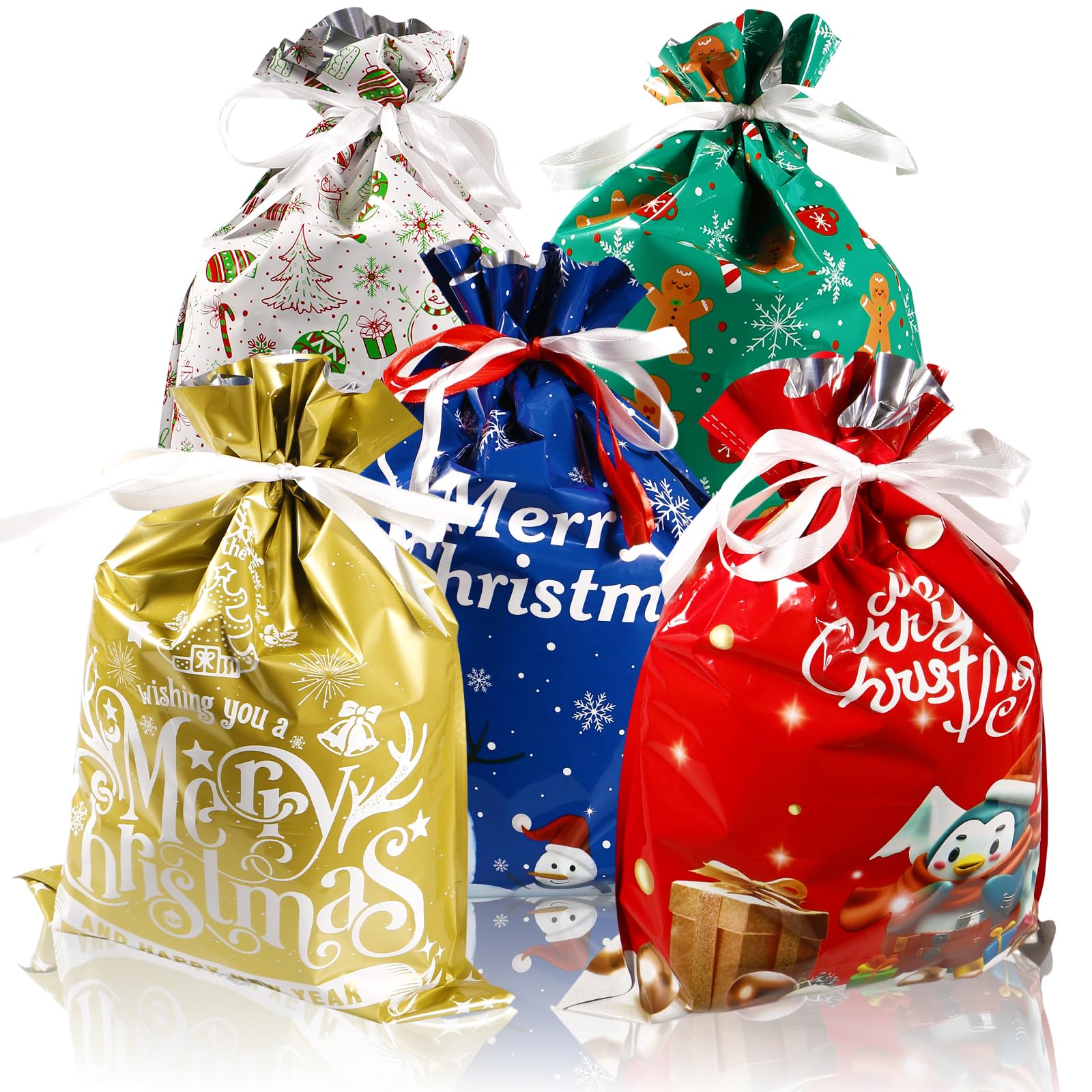 Christmas Gifts Bags, 5Pcs Christmas Drawstring Gift Bags, Multipack Xmas Gifts Bag for Xmas Party, Gifts Wrapping, Candy Decoration (42x29cm)