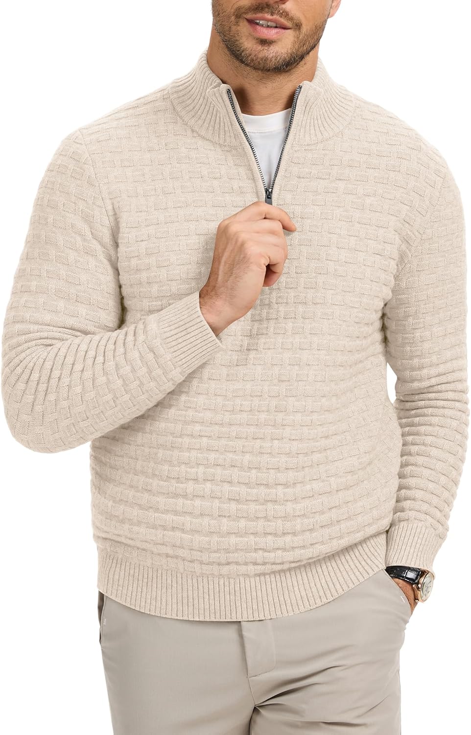 RQP Mens Quarter Zip Pullover Sweaters Relaxed Fit Knit Texture Sweater with Ribbing Edge - Image 2